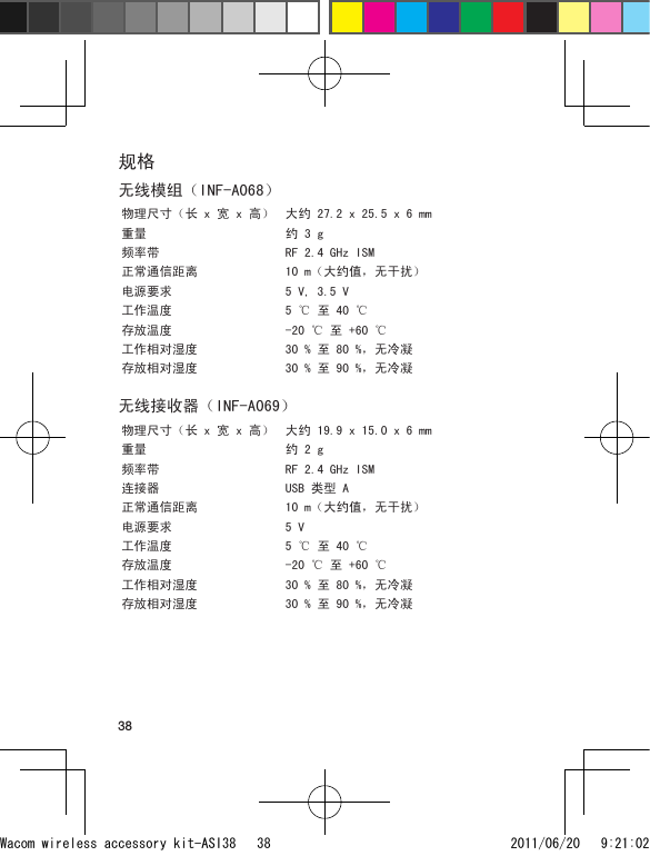 38规格无线模组 （INF-A068）物理尺寸（长 x 宽 x 高） 大约 27.2 x 25.5 x 6 mm重量 约 3 g频率带 RF 2.4 GHz ISM正常通信距离 10 m（大约值，无干扰）电源要求 5 V, 3.5 V工作温度 5 ℃ 至 40 ℃存放温度 -20 ℃ 至 +60 ℃工作相对湿度 30 % 至 80 %，无冷凝存放相对湿度 30 % 至 90 %，无冷凝无线接收器 （INF-A069）物理尺寸（长 x 宽 x 高） 大约 19.9 x 15.0 x 6 mm重量 约 2 g频率带 RF 2.4 GHz ISM连接器 USB 类型 A正常通信距离 10 m（大约值，无干扰）电源要求 5 V工作温度 5 ℃ 至 40 ℃存放温度 -20 ℃ 至 +60 ℃工作相对湿度 30 % 至 80 %，无冷凝存放相对湿度 30 % 至 90 %，无冷凝 Wacom wireless accessory kit-ASI38   38 2011/06/20   9:21:02