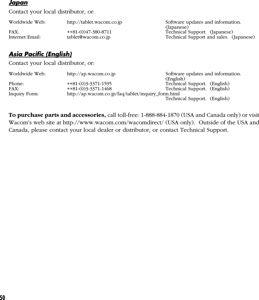 50JapanContact your local distributor, or:Worldwide Web: http://tablet.wacom.co.jp Software updates and information.(Japanese)FAX: ++81-(0)47-380-8711 Technical Support.  (Japanese)Internet Email: tablet@wacom.co.jp Technical Support and sales.  (Japanese)Asia Pacific (English)Contact your local distributor, or:Worldwide Web: http://ap.wacom.co.jp Software updates and information.(English)Phone: ++81-(0)3-3371-1595 Technical Support.  (English)FAX: ++81-(0)3-3371-1468 Technical Support.  (English)Inquiry Form: http://ap.wacom.co.jp/faq/tablet/inquiry_form.htmlTechnical Support.  (English)To purchase parts and accessories, call toll-free: 1-888-884-1870 (USA and Canada only) or visitWacom’s web site at http://www.wacom.com/wacomdirect/ (USA only).  Outside of the USA andCanada, please contact your local dealer or distributor, or contact Technical Support.