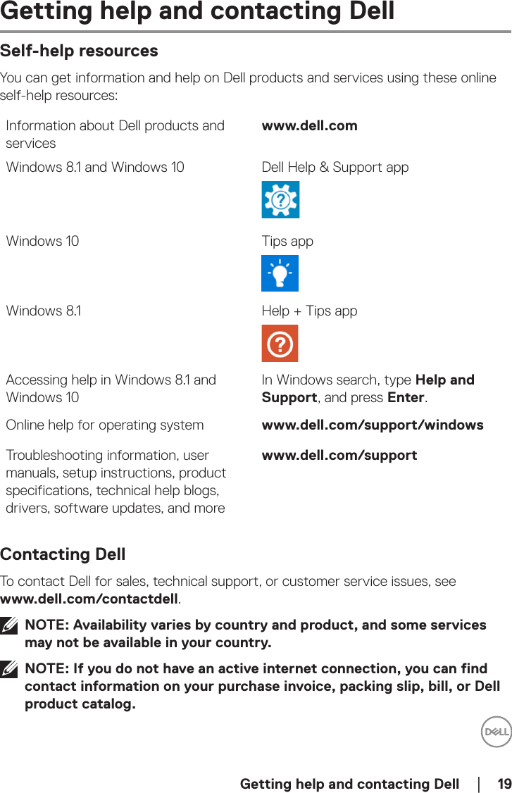  Getting help and contacting Dell    │  19Getting help and contacting DellSelf-help resourcesYou can get information and help on Dell products and services using these online self-help resources:Information about Dell products and serviceswww.dell.comWindows 8.1 and Windows 10 Dell Help &amp; Support appWindows 10 Tips appWindows 8.1 Help + Tips appAccessing help in Windows 8.1 and Windows 10In Windows search, type Help and Support, and press Enter.Online help for operating system www.dell.com/support/windowsTroubleshooting information, user manuals, setup instructions, product specifications, technical help blogs, drivers, software updates, and morewww.dell.com/supportContacting DellTo contact Dell for sales, technical support, or customer service issues, see www.dell.com/contactdell.NOTE: Availability varies by country and product, and some services may not be available in your country.NOTE: If you do not have an active internet connection, you can find contact information on your purchase invoice, packing slip, bill, or Dell product catalog.