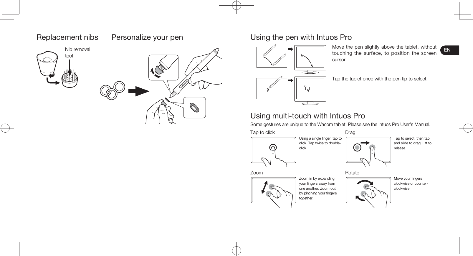ENReplacement nibs  Personalize your penNib removal toolUsing the pen with Intuos ProMove the pen slightly above the tablet, without touching the surface, to position the screen cursor.Tap the tablet once with the pen tip to select.Using multi-touch with Intuos ProSome gestures are unique to the Wacom tablet. Please see the Intuos Pro User’s Manual.Tap to click DragUsing a single finger, tap to click. Tap twice to double-click.Tap to select, then tap and slide to drag. Lift to release.Zoom RotateZoom in by expanding your fingers away from one another. Zoom out by pinching your fingers together.Move your fingers clockwise or counter-clockwise.
