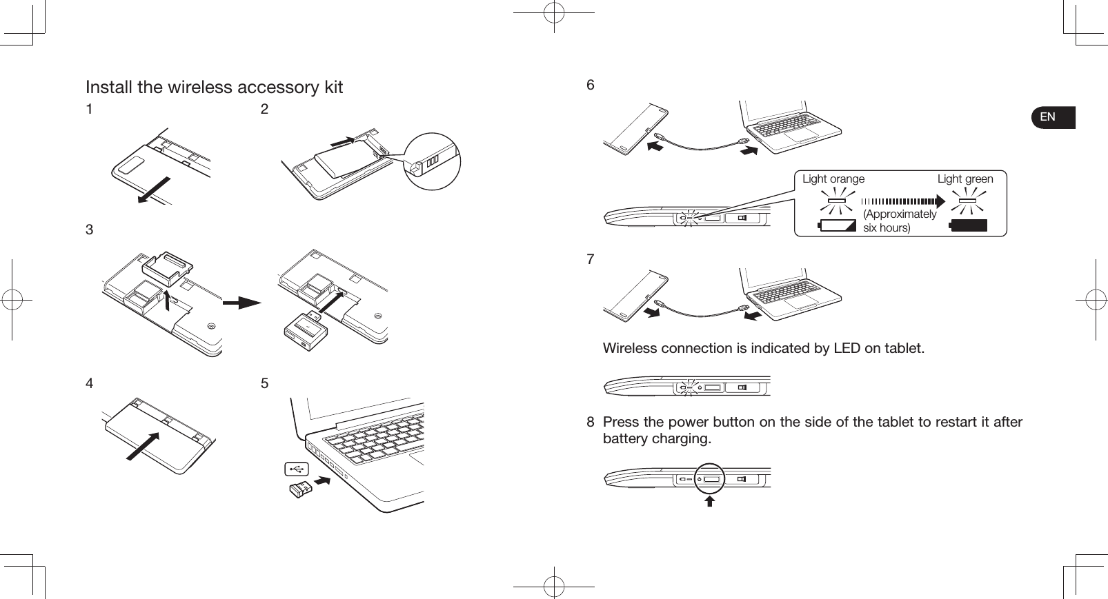 ENInstall the wireless accessory kit1   2 34 5 6Light orange Light green(Approximately six hours)7  Wireless connection is indicated by LED on tablet.8  Press the power button on the side of the tablet to restart it after battery charging.