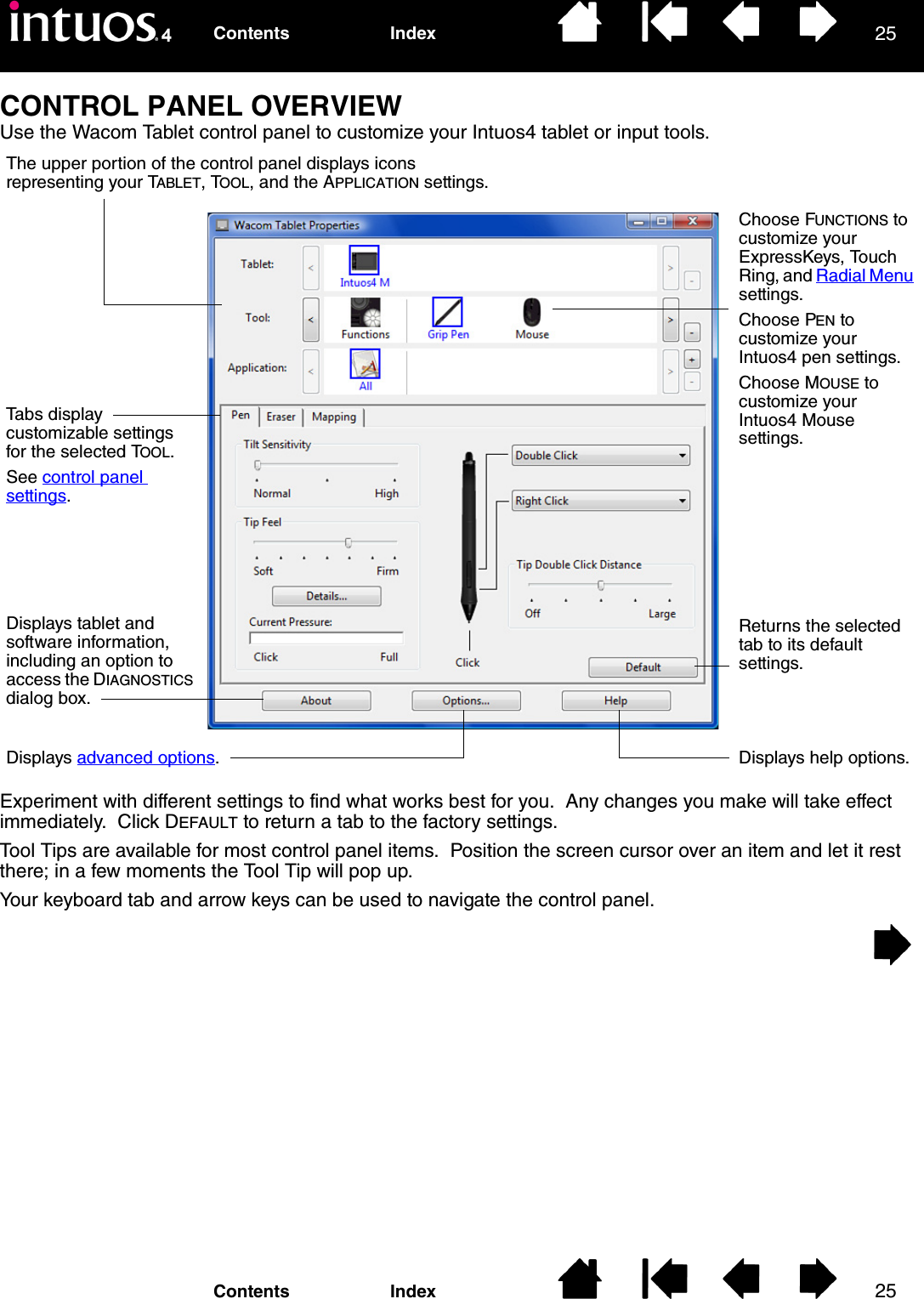 2525IndexContentsIndexContentsCONTROL PANEL OVERVIEWUse the Wacom Tablet control panel to customize your Intuos4 tablet or input tools.Experiment with different settings to find what works best for you.  Any changes you make will take effect immediately.  Click DEFAULT to return a tab to the factory settings.Tool Tips are available for most control panel items.  Position the screen cursor over an item and let it rest there; in a few moments the Tool Tip will pop up.Your keyboard tab and arrow keys can be used to navigate the control panel.The upper portion of the control panel displays icons representing your TABLET, TOOL, and the APPLICATION settings.Choose FUNCTIONS to customize your ExpressKeys, Touch Ring, and Radial Menu settings.Choose PEN to customize your Intuos4 pen settings.Choose MOUSE to customize your Intuos4 Mouse settings.Returns the selected tab to its default settings.Displays help options.Displays advanced options.Displays tablet and software information, including an option to access the DIAGNOSTICS dialog box.Tabs display customizable settings for the selected TOOL.See control panel settings.