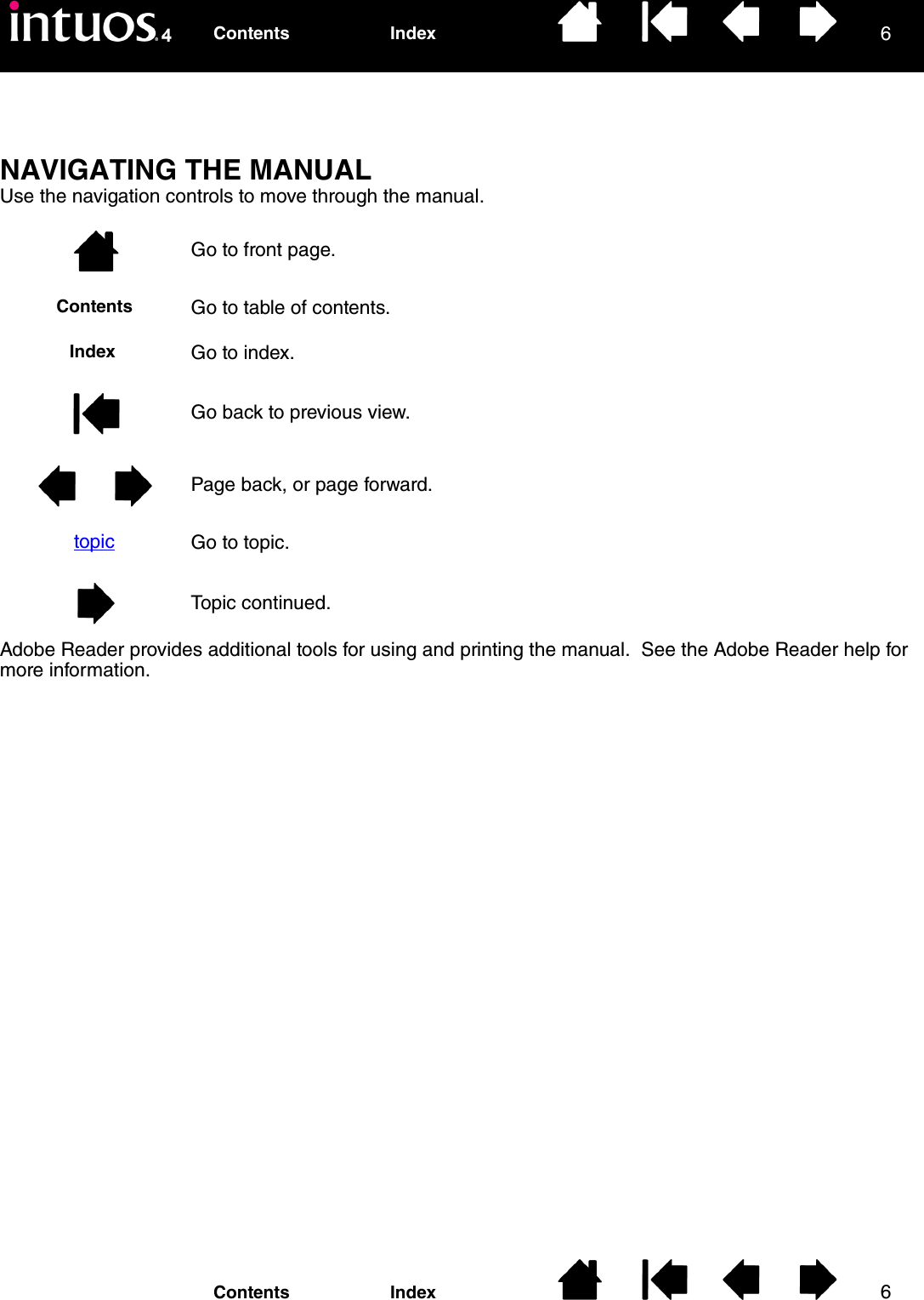 66IndexContentsIndexContentsNAVIGATING THE MANUALUse the navigation controls to move through the manual.Go to front page.Go to table of contents.Go to index.Go back to previous view.Page back, or page forward.Go to topic.Topic continued.Adobe Reader provides additional tools for using and printing the manual.  See the Adobe Reader help for more information.ContentsIndextopic