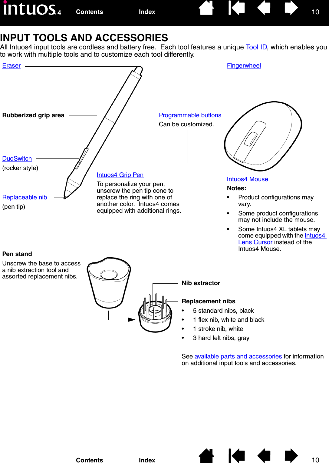 1010IndexContentsIndexContentsINPUT TOOLS AND ACCESSORIESAll Intuos4 input tools are cordless and battery free.  Each tool features a unique Tool ID, which enables you to work with multiple tools and to customize each tool differently.Eraser FingerwheelRubberized grip areaDuoSwitch(rocker style)Replaceable nib(pen tip)Intuos4 Grip PenTo personalize your pen, unscrew the pen tip cone to replace the ring with one of another color.  Intuos4 comes equipped with additional rings.Programmable buttonsCan be customized.Intuos4 MouseNotes: • Product configurations may vary.• Some product configurations may not include the mouse.• Some Intuos4 XL tablets may come equipped with the Intuos4 Lens Cursor instead of the Intuos4 Mouse.Pen standUnscrew the base to access a nib extraction tool and assorted replacement nibs. Nib extractorReplacement nibs• 5 standard nibs, black• 1 flex nib, white and black• 1 stroke nib, white• 3 hard felt nibs, graySee available parts and accessories for information on additional input tools and accessories.