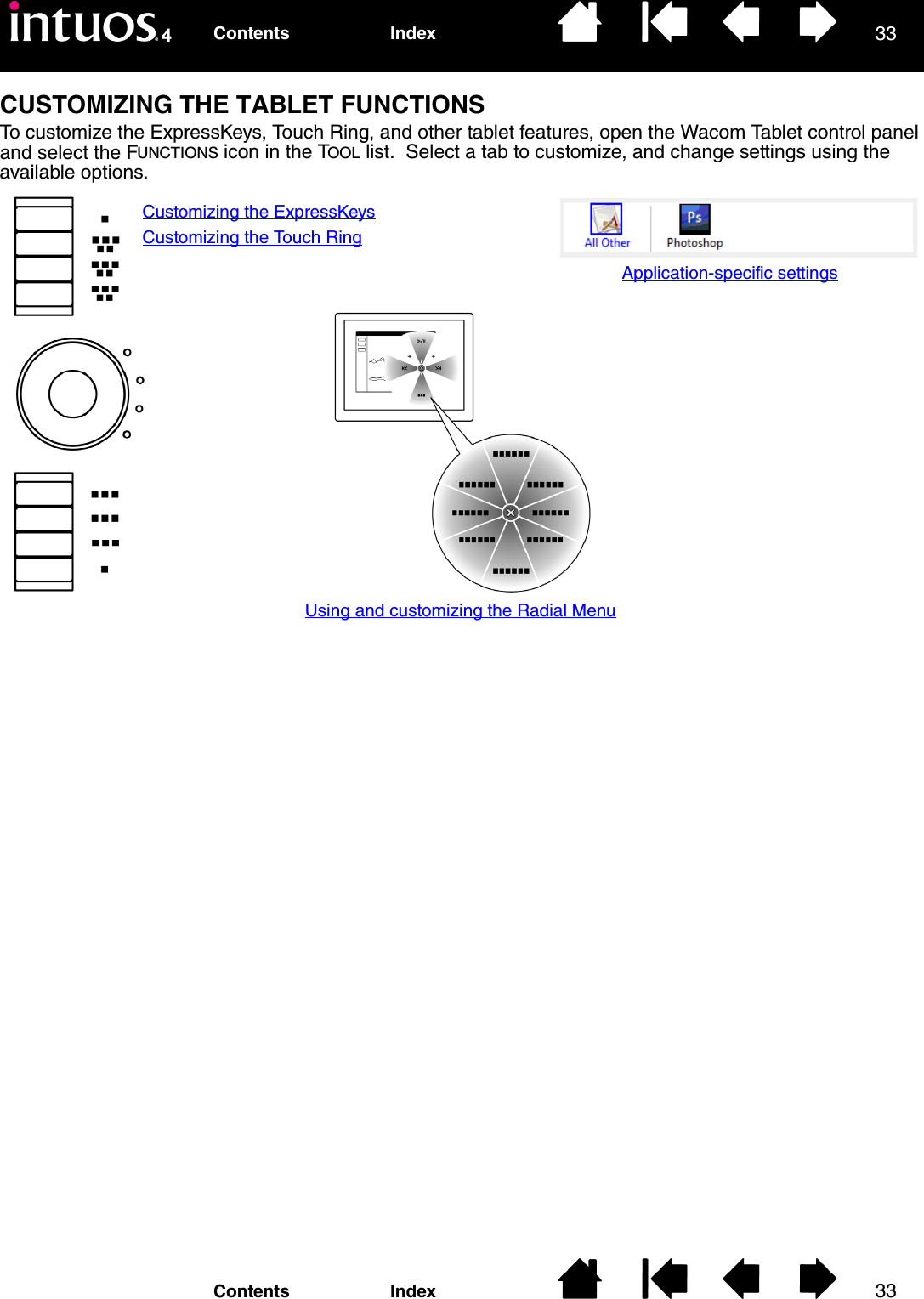 3333IndexContentsIndexContentsCUSTOMIZING THE TABLET FUNCTIONSTo customize the ExpressKeys, Touch Ring, and other tablet features, open the Wacom Tablet control panel and select the FUNCTIONS icon in the TOOL list.  Select a tab to customize, and change settings using the available options.Using and customizing the Radial MenuApplication-specific settingsCustomizing the ExpressKeysCustomizing the Touch Ring