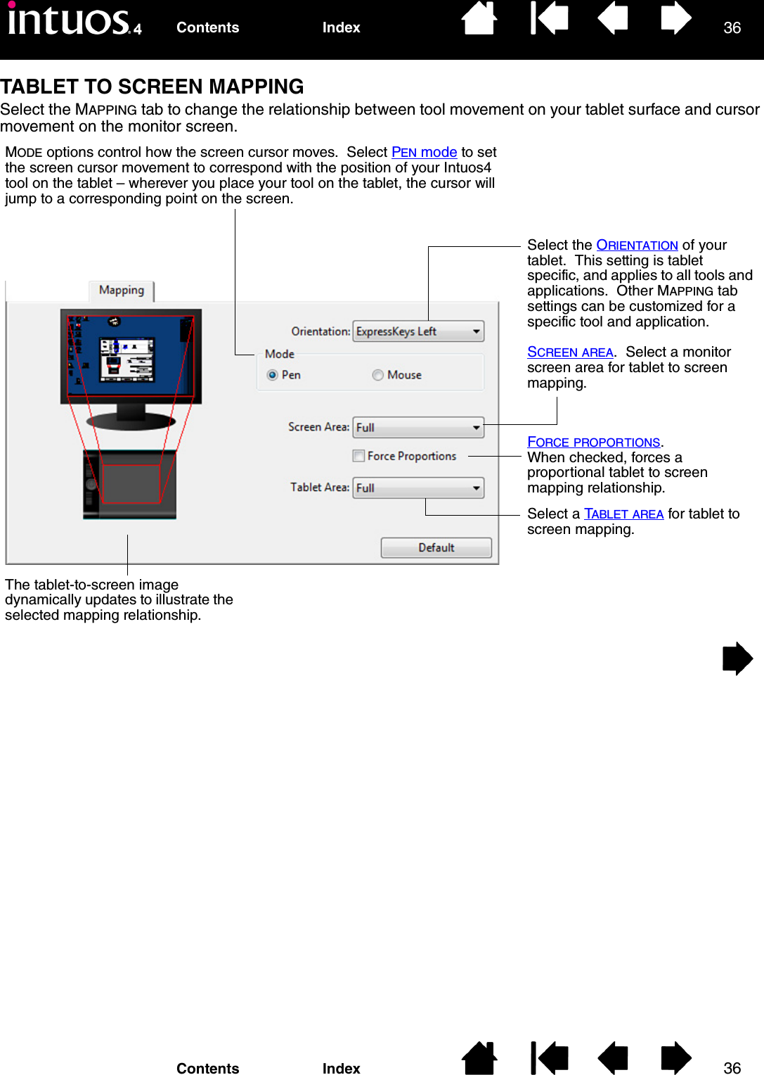 3636IndexContentsIndexContentsTABLET TO SCREEN MAPPINGSelect the MAPPING tab to change the relationship between tool movement on your tablet surface and cursor movement on the monitor screen. MODE options control how the screen cursor moves.  Select PEN mode to set the screen cursor movement to correspond with the position of your Intuos4 tool on the tablet – wherever you place your tool on the tablet, the cursor will jump to a corresponding point on the screen.Select the ORIENTATION of your tablet.  This setting is tablet specific, and applies to all tools and applications.  Other MAPPING tab settings can be customized for a specific tool and application.SCREEN AREA.  Select a monitor screen area for tablet to screen mapping.FORCE PROPORTIONS.  When checked, forces a proportional tablet to screen mapping relationship.Select a TABLET AREA for tablet to screen mapping.The tablet-to-screen image dynamically updates to illustrate the selected mapping relationship.