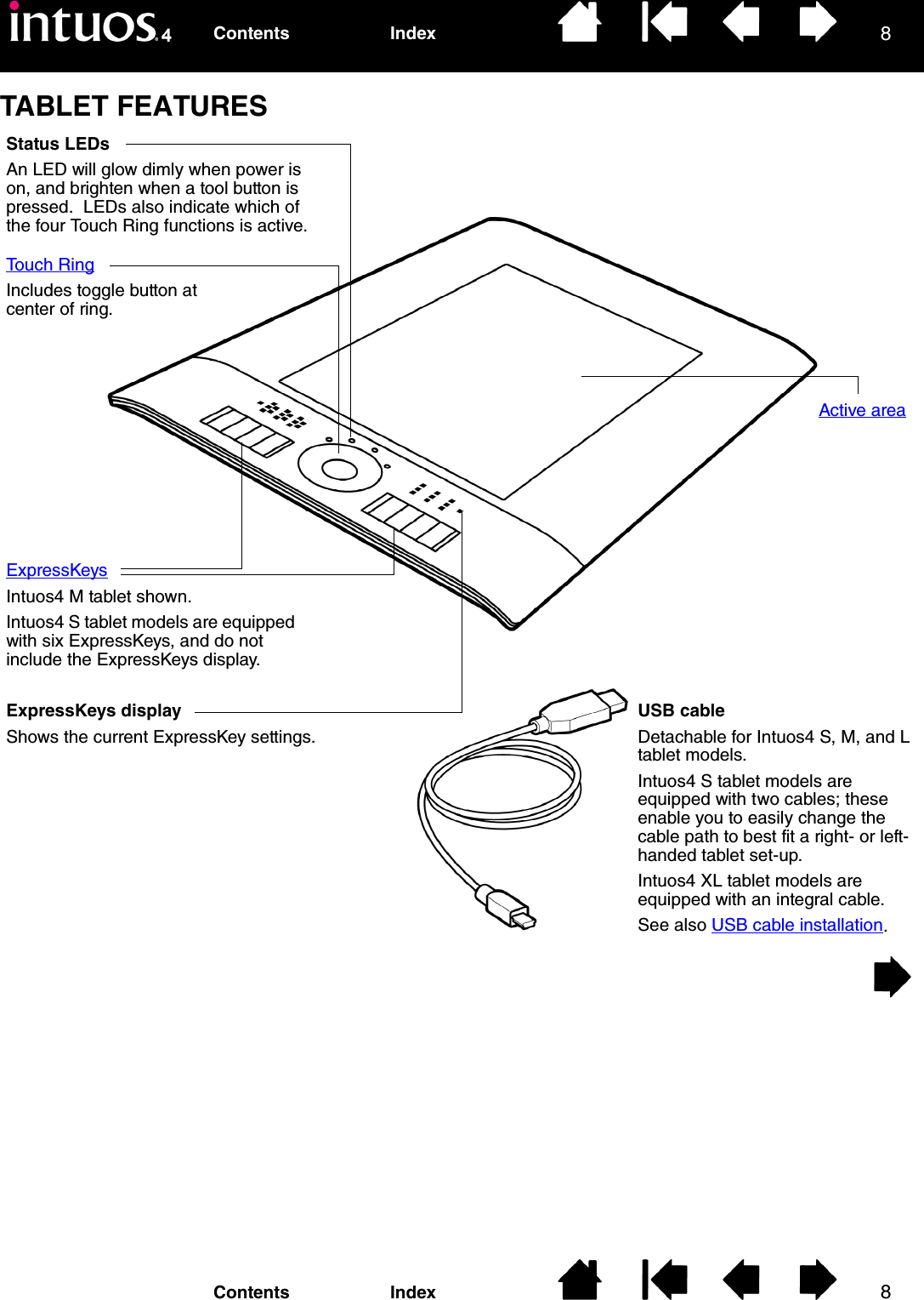 88IndexContentsIndexContentsTABLET FEATURESStatus LEDsAn LED will glow dimly when power is on, and brighten when a tool button is pressed.  LEDs also indicate which of the four Touch Ring functions is active.Touch RingIncludes toggle button at center of ring.ExpressKeysIntuos4 M tablet shown.Intuos4 S tablet models are equipped with six ExpressKeys, and do not include the ExpressKeys display.ExpressKeys displayShows the current ExpressKey settings.Active areaUSB cableDetachable for Intuos4 S, M, and L tablet models.Intuos4 S tablet models are equipped with two cables; these enable you to easily change the cable path to best fit a right- or left-handed tablet set-up.Intuos4 XL tablet models are equipped with an integral cable.See also USB cable installation.