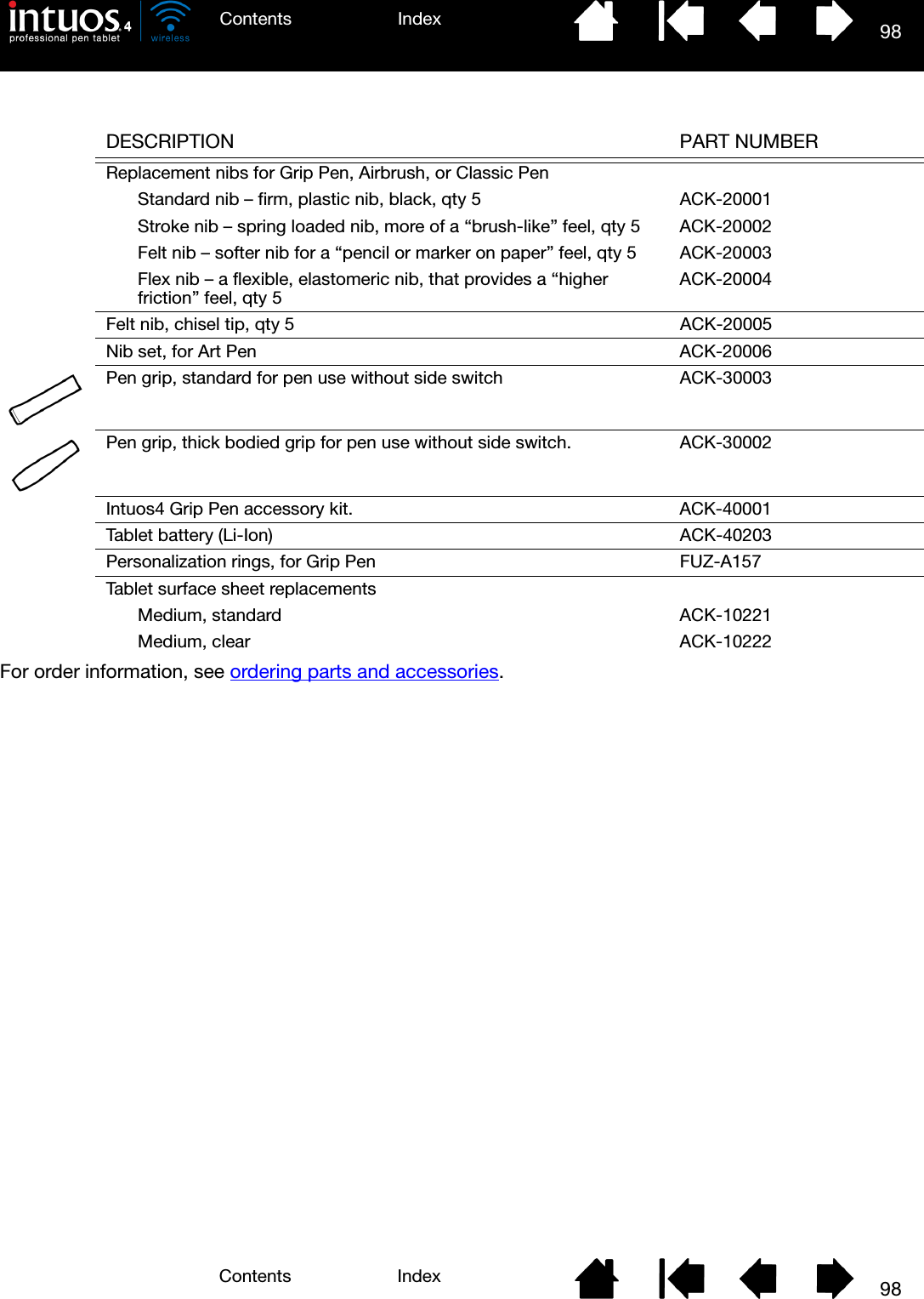 98IndexContents98IndexContentsFor order information, see ordering parts and accessories.DESCRIPTION PART NUMBERReplacement nibs for Grip Pen, Airbrush, or Classic Pen Standard nib – firm, plastic nib, black, qty 5 ACK-20001Stroke nib – spring loaded nib, more of a “brush-like” feel, qty 5 ACK-20002Felt nib – softer nib for a “pencil or marker on paper” feel, qty 5 ACK-20003Flex nib – a flexible, elastomeric nib, that provides a “higher friction” feel, qty 5 ACK-20004Felt nib, chisel tip, qty 5 ACK-20005Nib set, for Art Pen ACK-20006Pen grip, standard for pen use without side switch ACK-30003Pen grip, thick bodied grip for pen use without side switch. ACK-30002Intuos4 Grip Pen accessory kit. ACK-40001Tablet battery (Li-Ion) ACK-40203Personalization rings, for Grip Pen FUZ-A157Tablet surface sheet replacementsMedium, standard ACK-10221Medium, clear ACK-10222
