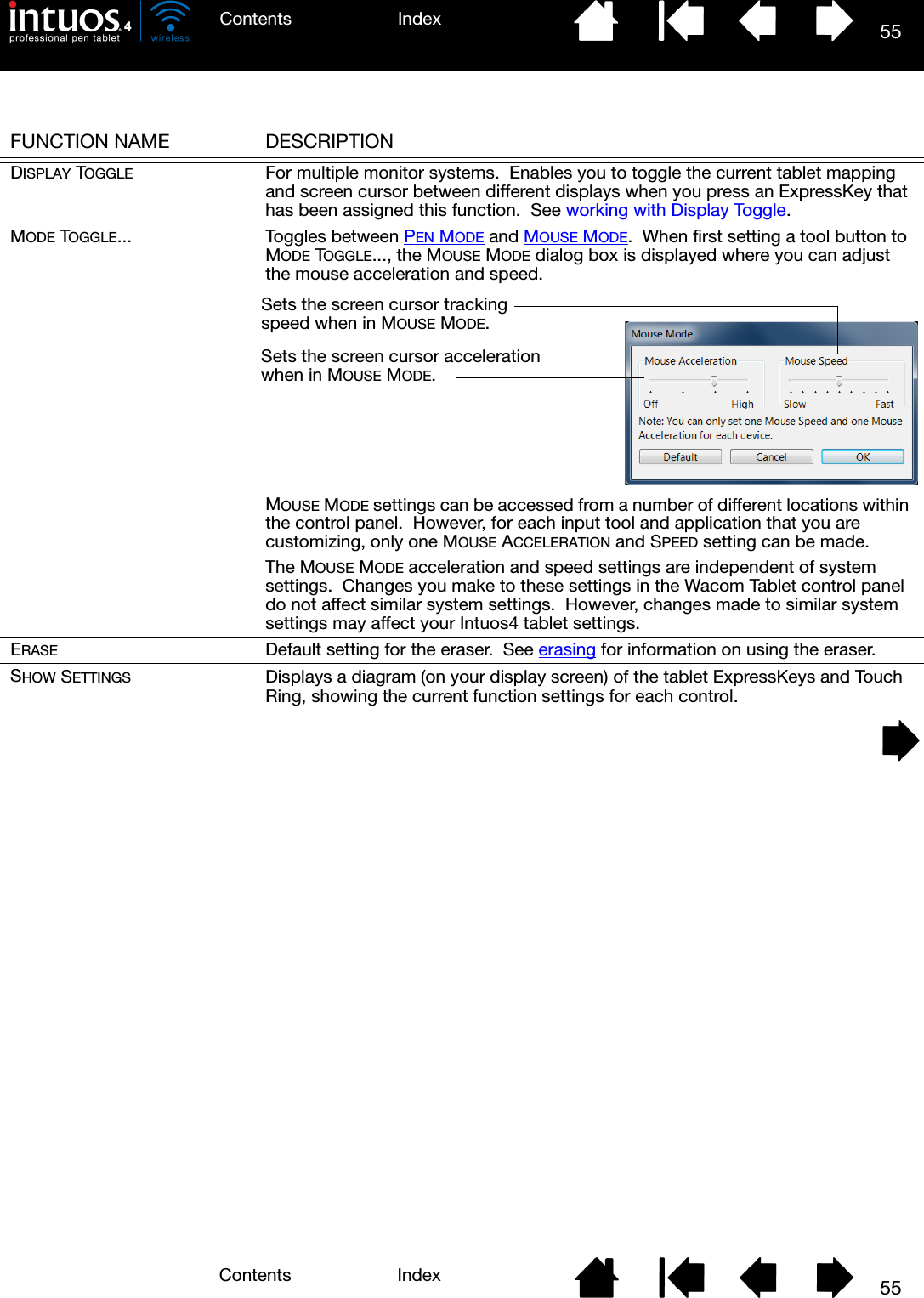 55IndexContents55IndexContents FUNCTION NAME DESCRIPTIONDISPLAY TOGGLE For multiple monitor systems.  Enables you to toggle the current tablet mapping and screen cursor between different displays when you press an ExpressKey that has been assigned this function.  See working with Display Toggle.MODE TOGGLE... Toggles between PEN MODE and MOUSE MODE.  When first setting a tool button to MODE TOGGLE..., the MOUSE MODE dialog box is displayed where you can adjust the mouse acceleration and speed.MOUSE MODE settings can be accessed from a number of different locations within the control panel.  However, for each input tool and application that you are customizing, only one MOUSE ACCELERATION and SPEED setting can be made.The MOUSE MODE acceleration and speed settings are independent of system settings.  Changes you make to these settings in the Wacom Tablet control panel do not affect similar system settings.  However, changes made to similar system settings may affect your Intuos4 tablet settings.ERASE Default setting for the eraser.  See erasing for information on using the eraser.SHOW SETTINGS Displays a diagram (on your display screen) of the tablet ExpressKeys and Touch Ring, showing the current function settings for each control.Sets the screen cursor tracking speed when in MOUSE MODE.Sets the screen cursor acceleration when in MOUSE MODE.