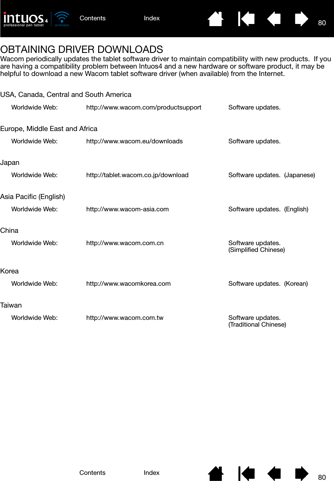 80IndexContents80IndexContentsOBTAINING DRIVER DOWNLOADSWacom periodically updates the tablet software driver to maintain compatibility with new products.  If you are having a compatibility problem between Intuos4 and a new hardware or software product, it may be helpful to download a new Wacom tablet software driver (when available) from the Internet.USA, Canada, Central and South AmericaEurope, Middle East and AfricaJapanAsia Pacific (English)ChinaKoreaTaiwanWorldwide Web: http://www.wacom.com/productsupport Software updates.Worldwide Web: http://www.wacom.eu/downloads Software updates.Worldwide Web: http://tablet.wacom.co.jp/download Software updates.  (Japanese)Worldwide Web: http://www.wacom-asia.com Software updates.  (English)Worldwide Web: http://www.wacom.com.cn Software updates.  (Simplified Chinese)Worldwide Web: http://www.wacomkorea.com Software updates.  (Korean)Worldwide Web: http://www.wacom.com.tw Software updates.  (Traditional Chinese)