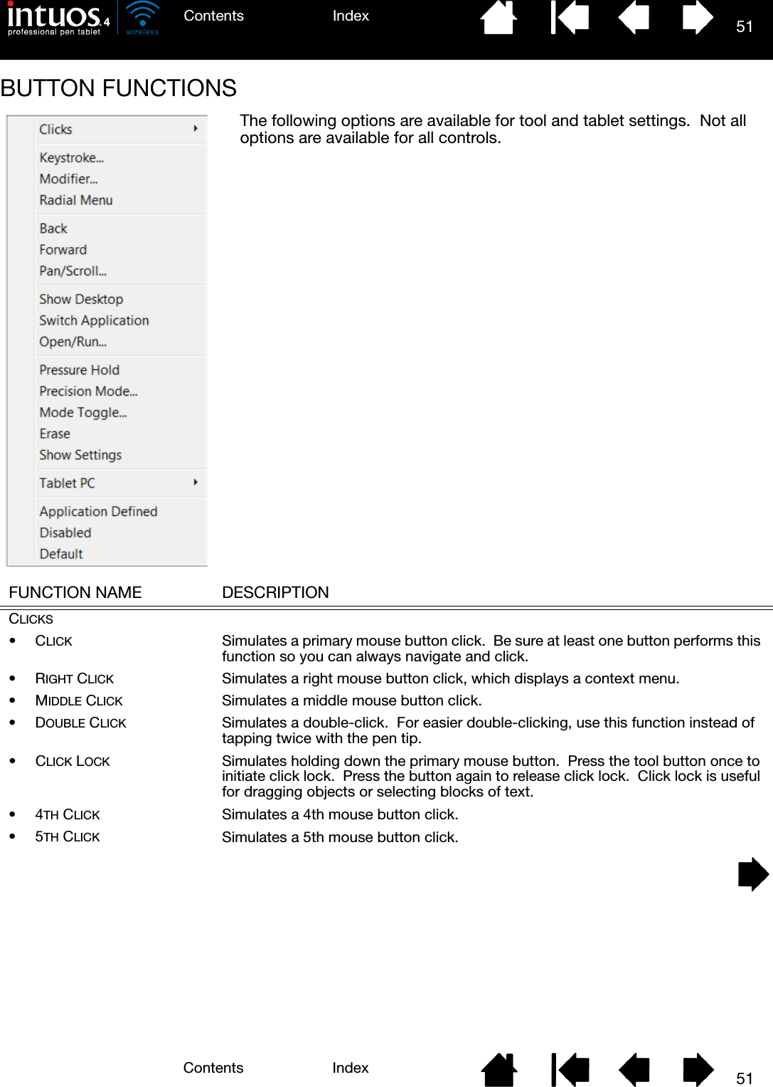 51IndexContents51IndexContentsBUTTON FUNCTIONS    FUNCTION NAME DESCRIPTIONCLICKS•CLICK Simulates a primary mouse button click.  Be sure at least one button performs this function so you can always navigate and click.•RIGHT CLICK Simulates a right mouse button click, which displays a context menu.•MIDDLE CLICK Simulates a middle mouse button click.•DOUBLE CLICK Simulates a double-click.  For easier double-clicking, use this function instead of tapping twice with the pen tip.•CLICK LOCK Simulates holding down the primary mouse button.  Press the tool button once to initiate click lock.  Press the button again to release click lock.  Click lock is useful for dragging objects or selecting blocks of text.•4TH CLICK Simulates a 4th mouse button click.•5TH CLICK Simulates a 5th mouse button click.The following options are available for tool and tablet settings.  Not all options are available for all controls.