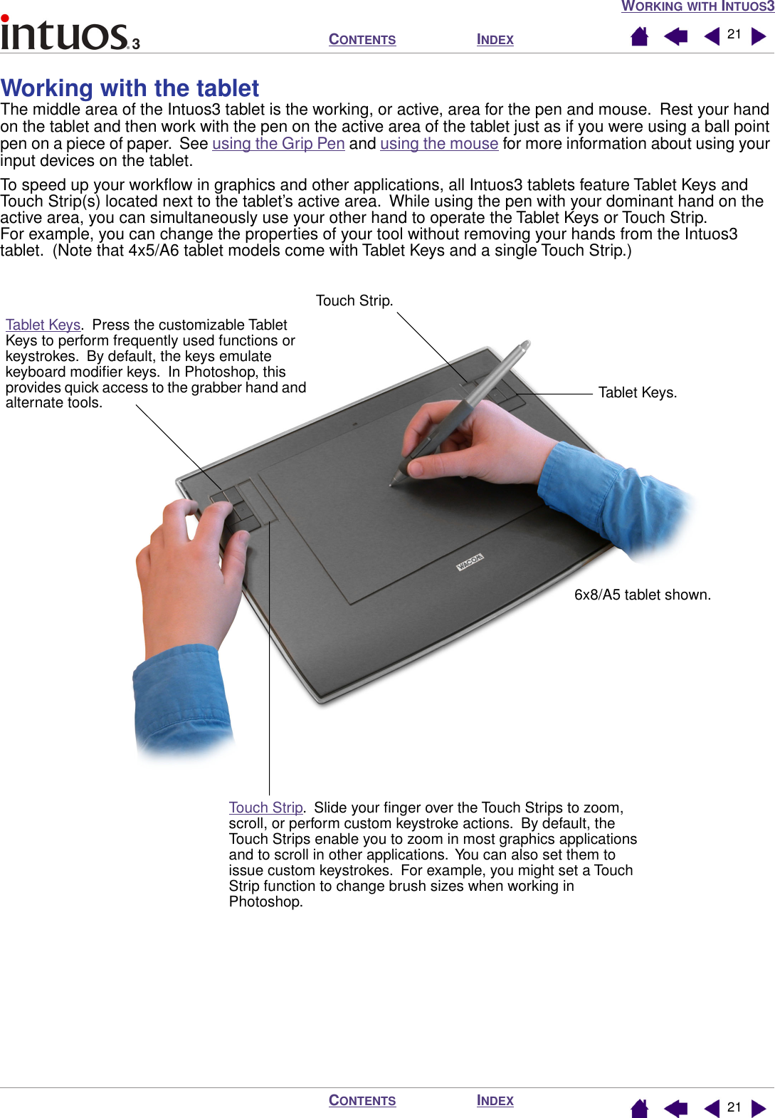 WORKING WITH INTUOS3INDEXCONTENTSINDEXCONTENTS 2121Working with the tabletThe middle area of the Intuos3 tablet is the working, or active, area for the pen and mouse.  Rest your hand on the tablet and then work with the pen on the active area of the tablet just as if you were using a ball point pen on a piece of paper.  See using the Grip Pen and using the mouse for more information about using your input devices on the tablet.To speed up your workﬂow in graphics and other applications, all Intuos3 tablets feature Tablet Keys and Touch Strip(s) located next to the tablet’s active area.  While using the pen with your dominant hand on the active area, you can simultaneously use your other hand to operate the Tablet Keys or Touch Strip.  For example, you can change the properties of your tool without removing your hands from the Intuos3 tablet.  (Note that 4x5/A6 tablet models come with Tablet Keys and a single Touch Strip.)Tablet Keys.  Press the customizable Tablet Keys to perform frequently used functions or keystrokes.  By default, the keys emulate keyboard modiﬁer keys.  In Photoshop, this provides quick access to the grabber hand and alternate tools.6x8/A5 tablet shown.Touch Strip.  Slide your ﬁnger over the Touch Strips to zoom, scroll, or perform custom keystroke actions.  By default, the Touch Strips enable you to zoom in most graphics applications and to scroll in other applications.  You can also set them to issue custom keystrokes.  For example, you might set a Touch Strip function to change brush sizes when working in Photoshop.Tablet Keys.Touch Strip.