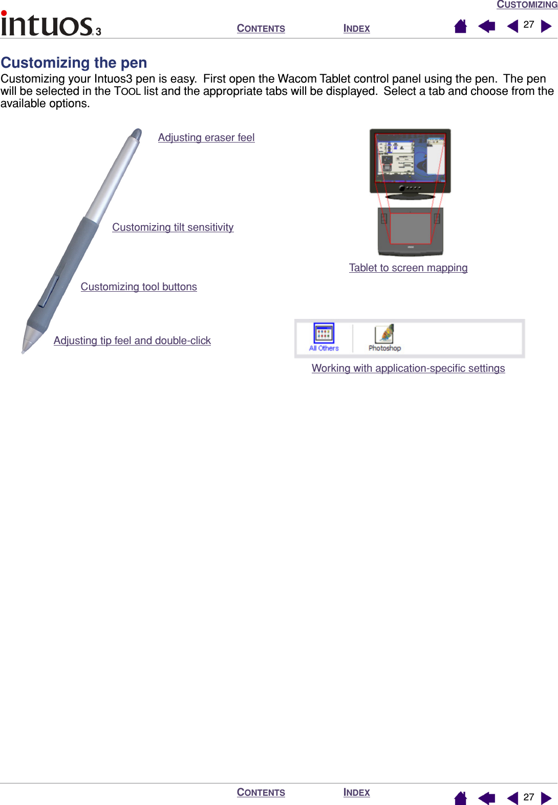 CUSTOMIZINGINDEXCONTENTSINDEXCONTENTS 2727Customizing the penCustomizing your Intuos3 pen is easy.  First open the Wacom Tablet control panel using the pen.  The pen will be selected in the TOOL list and the appropriate tabs will be displayed.  Select a tab and choose from the available options.Adjusting eraser feelAdjusting tip feel and double-clickCustomizing tilt sensitivityCustomizing tool buttonsTablet to screen mappingWorking with application-speciﬁc settings