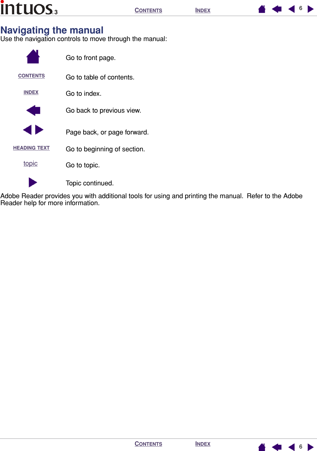  I NDEX C ONTENTS I NDEX C ONTENTS 66 Navigating the manual Use the navigation controls to move through the manual:Go to front page.Go to table of contents.Go to index.Go back to previous view.Page back, or page forward.Go to beginning of section.Go to topic.Topic continued.Adobe Reader provides you with additional tools for using and printing the manual.  Refer to the Adobe Reader help for more information.CONTENTSINDEXHEADING TEXTtopic