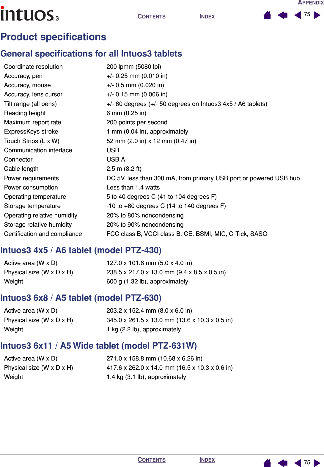 APPENDIXINDEXCONTENTSINDEXCONTENTS 7575Product speciﬁcationsGeneral speciﬁcations for all Intuos3 tablets Intuos3 4x5 / A6 tablet (model PTZ-430)Intuos3 6x8 / A5 tablet (model PTZ-630)Intuos3 6x11 / A5 Wide tablet (model PTZ-631W)Coordinate resolution 200 lpmm (5080 lpi)Accuracy, pen +/- 0.25 mm (0.010 in)Accuracy, mouse +/- 0.5 mm (0.020 in)Accuracy, lens cursor +/- 0.15 mm (0.006 in)Tilt range (all pens) +/- 60 degrees (+/- 50 degrees on Intuos3 4x5 / A6 tablets)Reading height 6 mm (0.25 in)Maximum report rate 200 points per secondExpressKeys stroke 1 mm (0.04 in), approximatelyTouch Strips (L x W) 52 mm (2.0 in) x 12 mm (0.47 in)Communication interface USBConnector USB ACable length 2.5 m (8.2 ft)Power requirements DC 5V, less than 300 mA, from primary USB port or powered USB hubPower consumption Less than 1.4 wattsOperating temperature 5 to 40 degrees C (41 to 104 degrees F)Storage temperature -10 to +60 degrees C (14 to 140 degrees F)Operating relative humidity 20% to 80% noncondensingStorage relative humidity 20% to 90% noncondensingCertiﬁcation and compliance FCC class B, VCCI class B, CE, BSMI, MIC, C-Tick, SASOActive area (W x D) 127.0 x 101.6 mm (5.0 x 4.0 in)Physical size (W x D x H) 238.5 x 217.0 x 13.0 mm (9.4 x 8.5 x 0.5 in)Weight 600 g (1.32 lb), approximatelyActive area (W x D) 203.2 x 152.4 mm (8.0 x 6.0 in)Physical size (W x D x H) 345.0 x 261.5 x 13.0 mm (13.6 x 10.3 x 0.5 in)Weight 1 kg (2.2 lb), approximatelyActive area (W x D) 271.0 x 158.8 mm (10.68 x 6.26 in)Physical size (W x D x H) 417.6 x 262.0 x 14.0 mm (16.5 x 10.3 x 0.6 in)Weight 1.4 kg (3.1 lb), approximately
