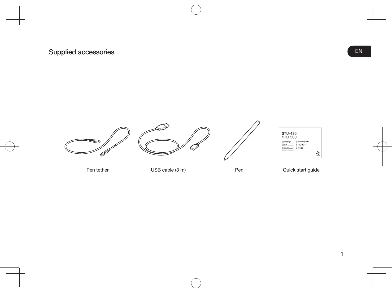 EN1Supplied accessoriesSupplied accessoriesPen tether USB cable (3 m) Pen Quick start guide