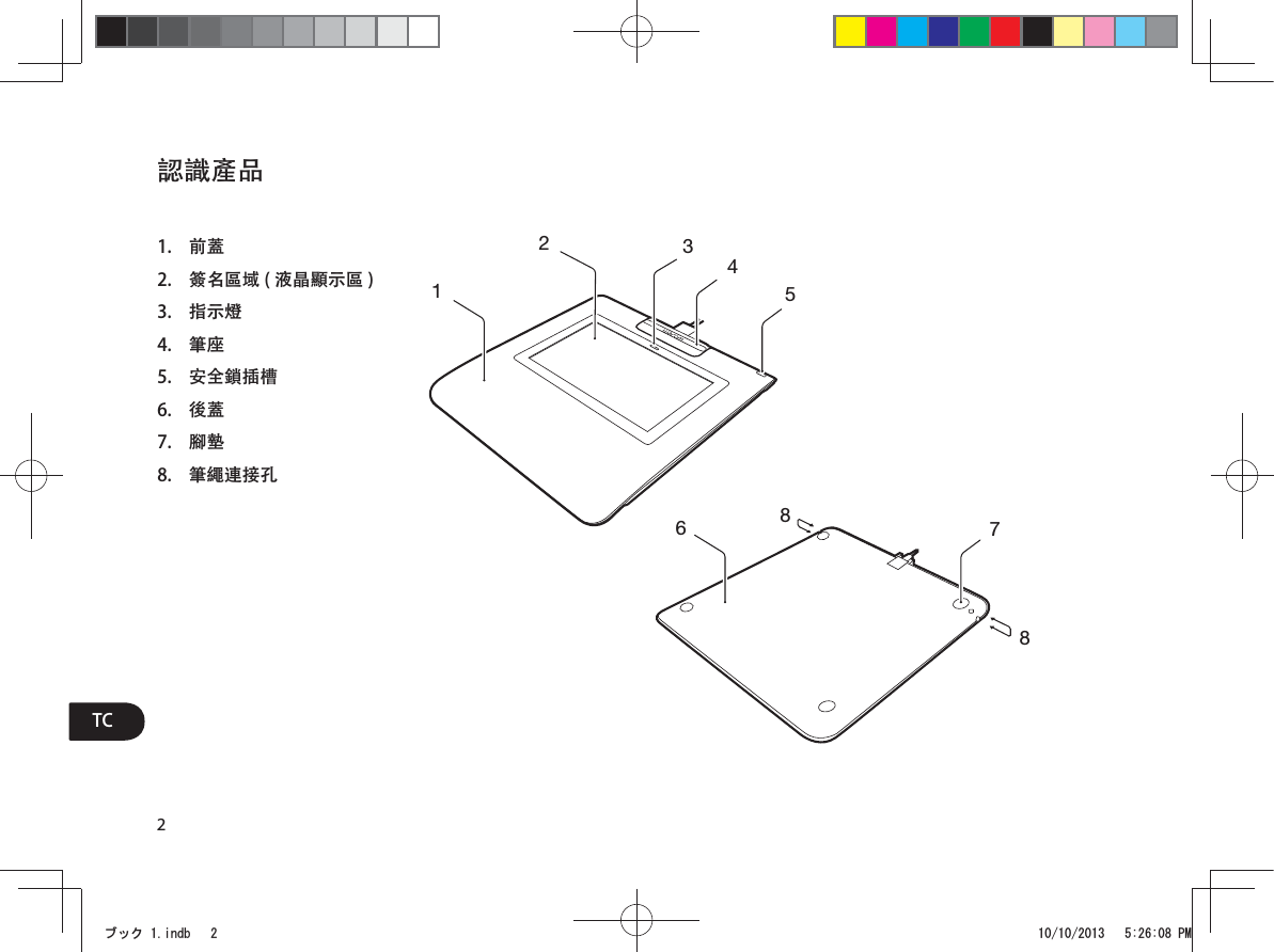 2TC認識產品1.  前蓋2.  簽名區域 ( 液晶顯示區 )3.  指示燈4.  筆座5.  安全鎖插槽6.  後蓋7.  腳墊8.  筆繩連接孔ࣈࢵࢡLQGE 30