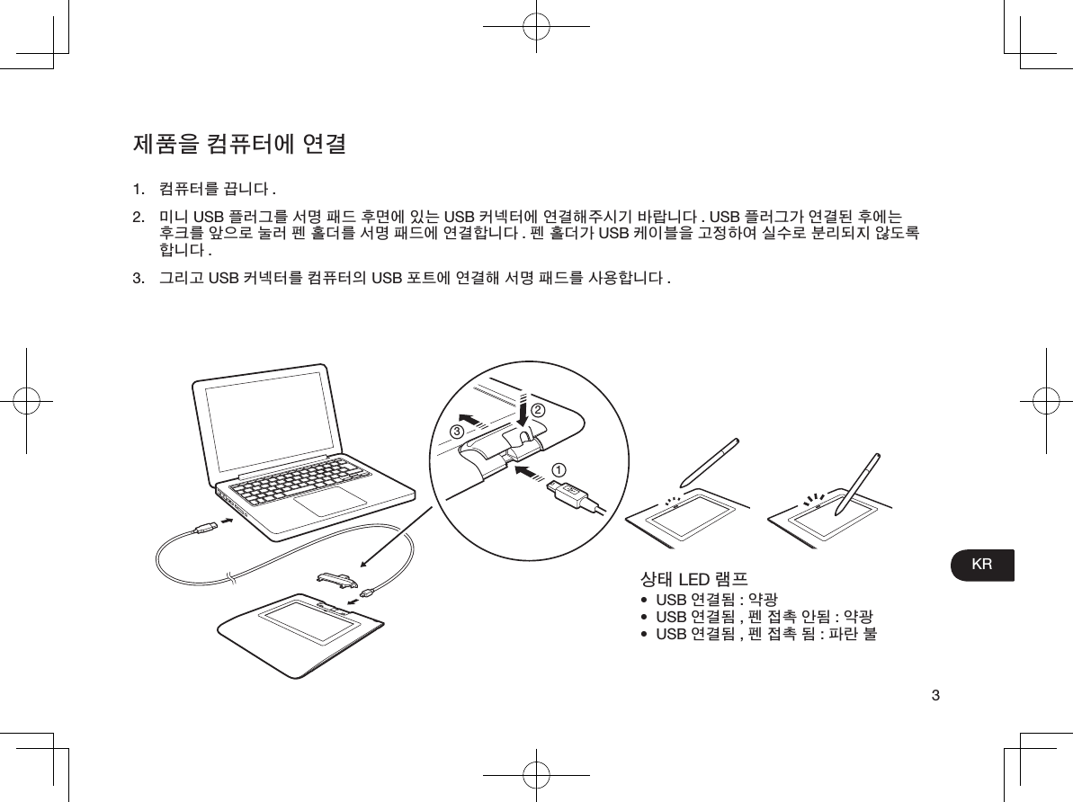 3KR제품을 컴퓨터에 연결 1.  컴퓨터를 끕니다 .2.  미니 USB 플러그를 서명 패드 후면에 있는 USB 커넥터에 연결해주시기 바랍니다 . USB 플러그가 연결된 후에는 후크를 앞으로 눌러 펜 홀더를 서명 패드에 연결합니다 . 펜 홀더가 USB 케이블을 고정하여 실수로 분리되지 않도록 합니다 .3.  그리고 USB 커넥터를 컴퓨터의 USB 포트에 연결해 서명 패드를 사용합니다 .상태 LED 램프•  USB 연결됨 : 약광•  USB 연결됨 , 펜 접촉 안됨 : 약광•  USB 연결됨 , 펜 접촉 됨: 파란 불213