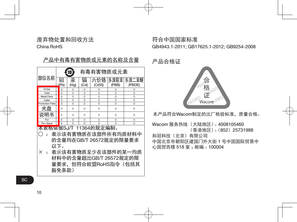 10SC废弃物处置和回收方法China RoHSӝ૷ѣᴿ∈ᴿᇩ⢟䍞ᡌݹ㍖Ⲻ੃〦਀੡䠅ཐ⓪ӂ㤥䟐(PBDE)ཐ⓪㚊㤥(PBB)ޣԭ䬢(Cr(VI))䭿(Cd)⊔(Hg)䫻(Pb)䜞փ੃〦ᴿ∈ᴿᇩ⢟䍞ᡌݹ㍖ݿⴎ䈪᱄Ҝᵢ㺞ṲדᦤSJ/T11364Ⲻ㿺ᇐ㕌࡬ȾȖφ㺞⽰䈛ᴿᇩ⢟䍞൞䈛䜞Ԭᡶᴿൽ䍞ᶆᯏѣⲺ੡䠅ൽ൞GB/T 26572㿺ᇐⲺ䲆䠅㾷≸ԛсȾhφ㺞⽰䈛ᴿᇩ⢟䍞㠩ቇ൞䈛䜞ԬⲺḆжൽ䍞ᶆᯏѣⲺ੡䠅䎻出GB/T 26572㿺ᇐⲺ䲆䠅㾷≸θռㅜਾ⅝盟RoHS指Ԛδऻᤢެ䉷ރᶗⅴε符合中国国家标准GB4943.1-2011; GB17625.1-2012; GB9254-2008产品合格证PASSEDPASSEDPASSED合SED合SED格S格SS格SSED格SED证P证PA证APAP证PAPPASSEDWacomPacomPAacomAPAPacomPAP本产品符合Wacom制定的出厂检验标准，质量合格。Wacom 服务热线 （大陆地区）：4008105460（香港地区）：（852）25731988和冠科技（北京）有限公司中国北京市朝阳区建国门外大街 1号中国国际贸易中心国贸西楼 518 室；邮编：100004