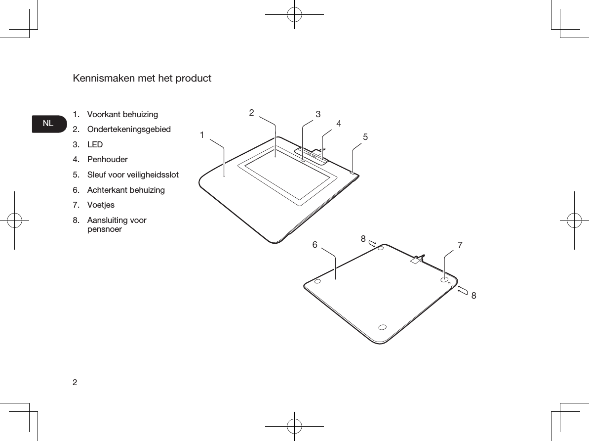 NL2Kennismaken met het product1.  Voorkant behuizing2.  Ondertekeningsgebied3.  LED4.  Penhouder5.  Sleuf voor veiligheidsslot6.  Achterkant behuizing7.  Voetjes8.  Aansluiting voor pensnoer  168782345