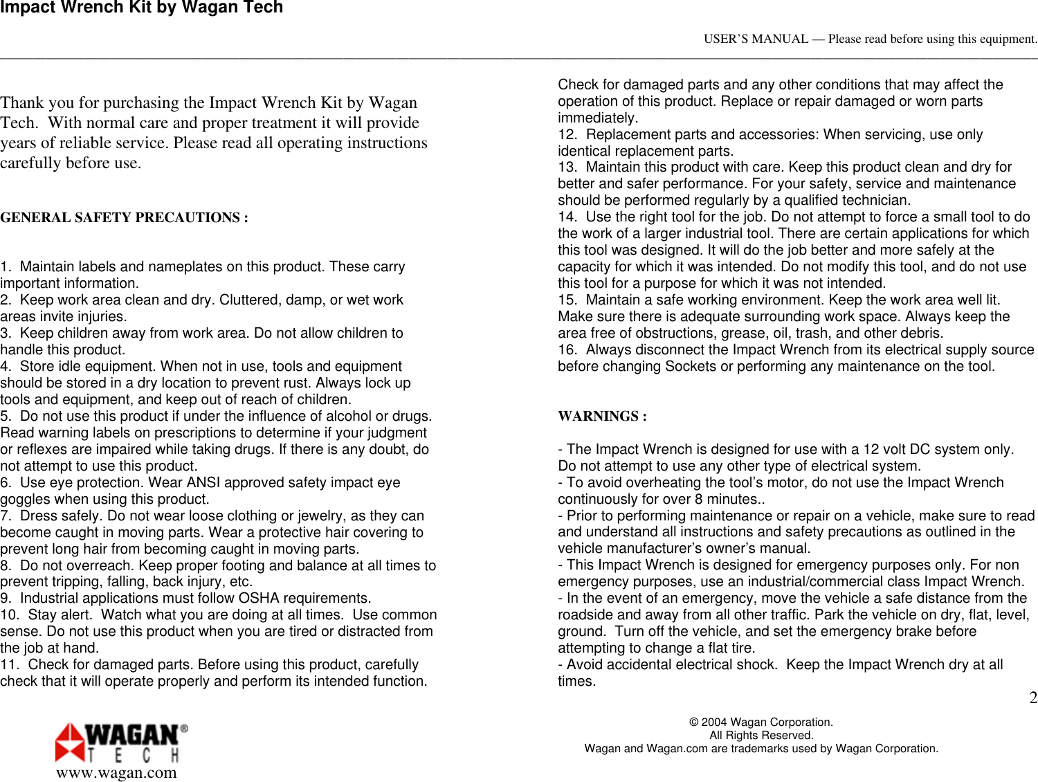 Page 2 of 4 - Wagan Wagan-2257-Users-Manual- Your 350 Watt Power Inverter Converts 12-volt Vehicle Battery Into 115 Volts Of AC  Wagan-2257-users-manual