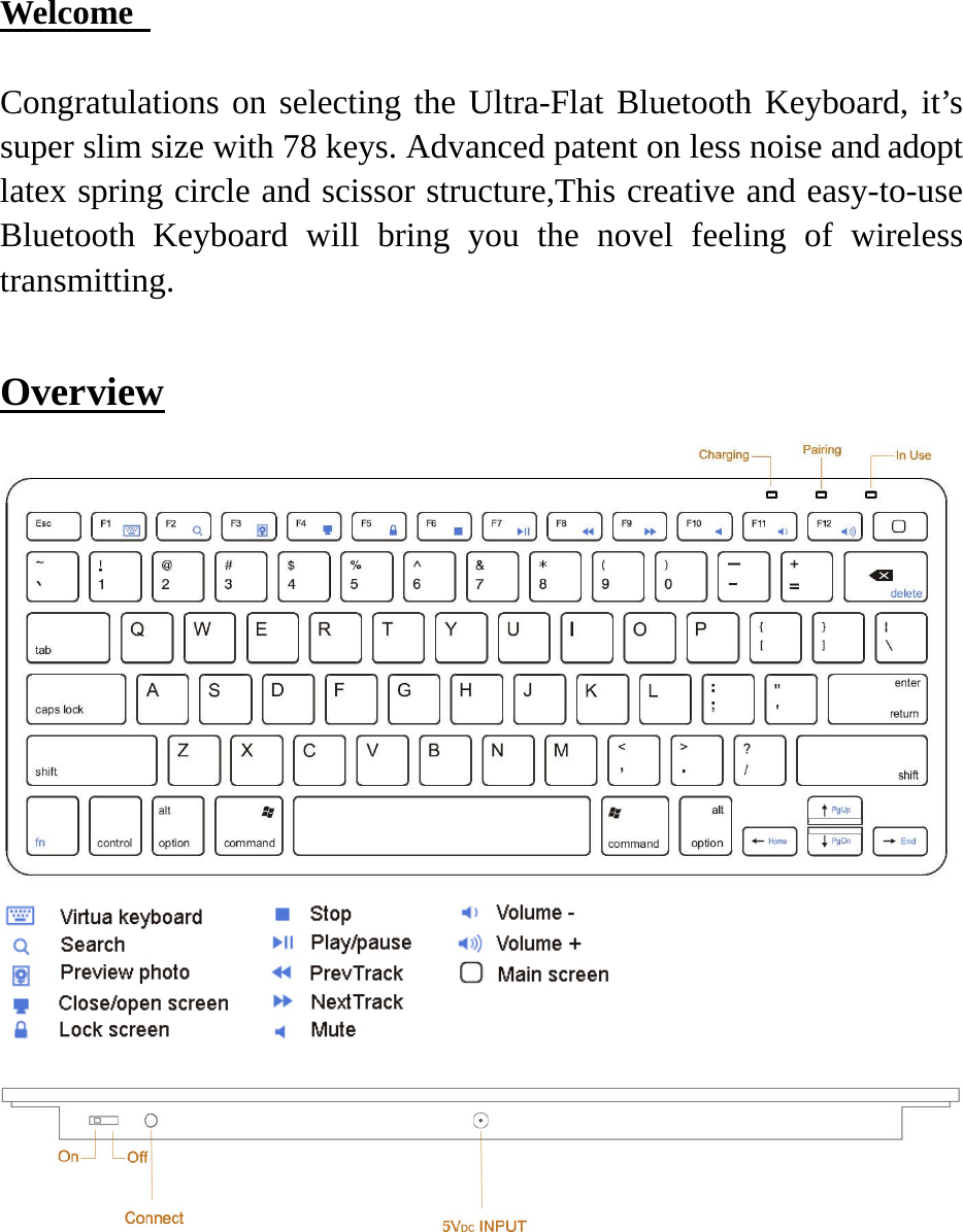 Welcome    Congratulations on selecting the Ultra-Flat Bluetooth Keyboard, it’s super slim size with 78 keys. Advanced patent on less noise and adopt latex spring circle and scissor structure,This creative and easy-to-use Bluetooth Keyboard will bring you the novel feeling of wireless transmitting.  Overview                    