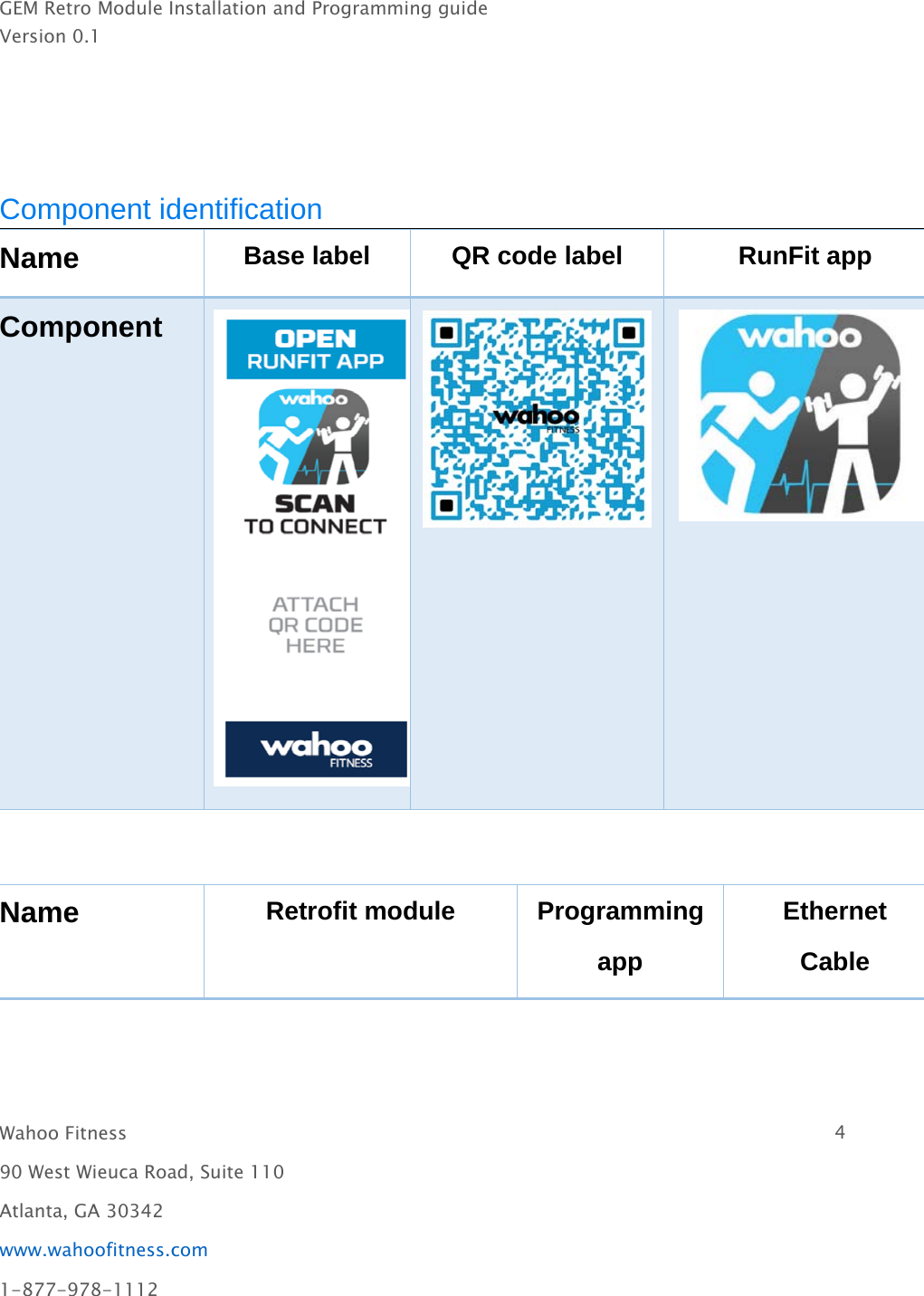 GEM Retro Module Installation and Programming guideVersion 0.1Wahoo Fitness 490 West Wieuca Road, Suite 110Atlanta, GA 30342www.wahoofitness.com1-877-978-1112Component identificationName Base label QR code label RunFit appComponentName Retrofit module ProgrammingappEthernetCable
