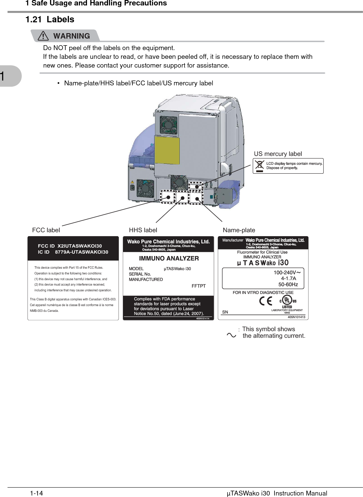 1 Safe Usage and Handling PrecautionsµTASWako i30  Instruction Manual1-1411.21 LabelsWARNINGDo NOT peel off the labels on the equipment.If the labels are unclear to read, or have been peeled off, it is necessary to replace them with new ones. Please contact your customer support for assistance.• Name-plate/HHS label/FCC label/US mercury labelName-plate US mercury label HHS labelFCC label㧦This symbol shows     the alternating current.  This Class B digital apparatus complies with Canadian ICES-003.Cet appareil numèrique de la classe B est conforme à la normeNMB-003 du Canada.This device complies with Part 15 of the FCC Rules.Operation is subject to the following two conditions:(1) this device may not cause harmful interference, and(2) this device must accept any interference received,including interference that may cause undesired operation.FCC ID  X2IUTASWAKOI30IC ID    8779A-UTASWAKOI30