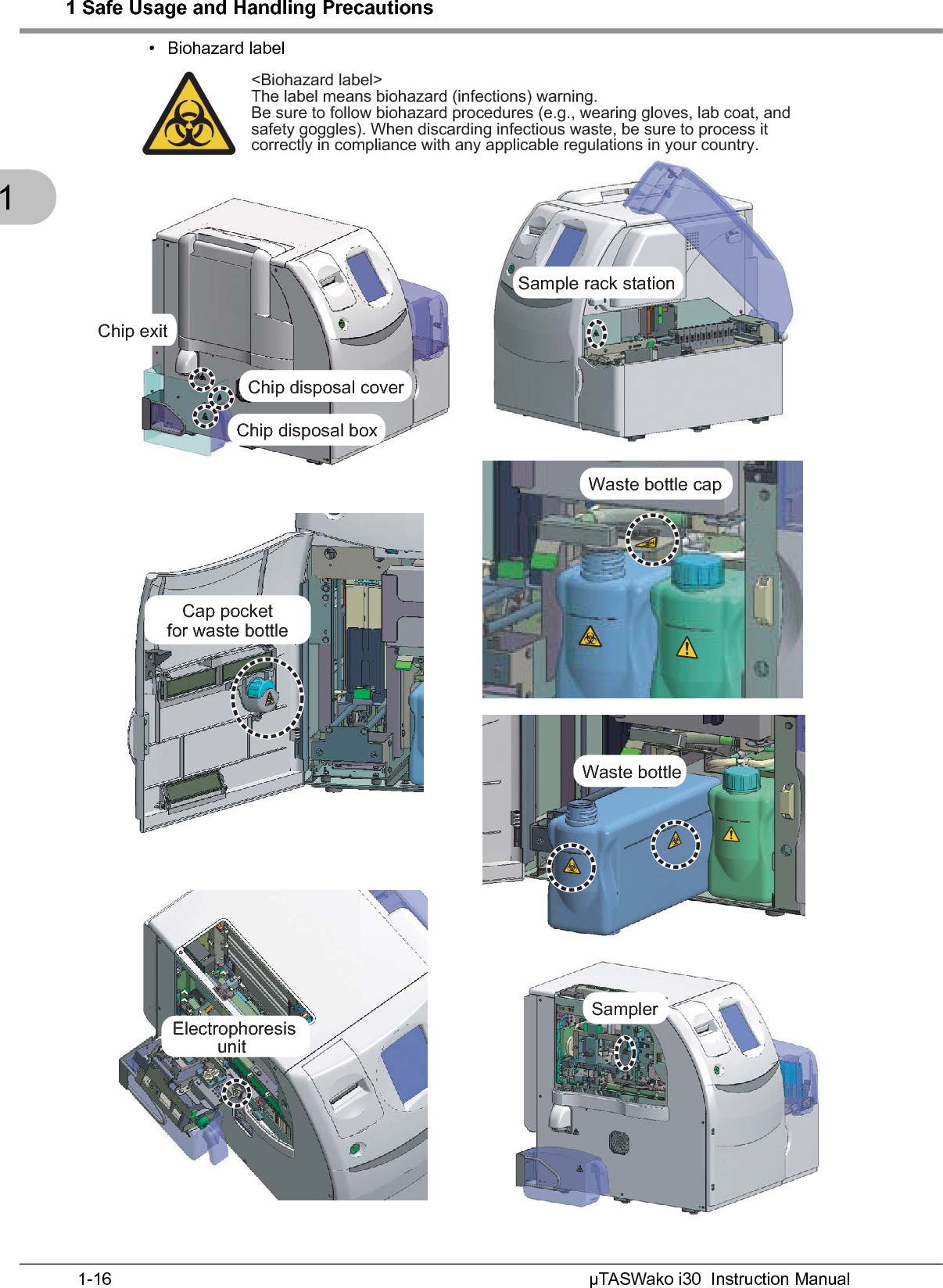 1 Safe Usage and Handling PrecautionsµTASWako i30  Instruction Manual1-161• Biohazard label&lt;Biohazard label&gt;The label means biohazard (infections) warning.Be sure to follow biohazard procedures (e.g., wearing gloves, lab coat, andsafety goggles). When discarding infectious waste, be sure to process itcorrectly in compliance with any applicable regulations in your country.SamplerCap pocketfor waste bottleChip disposal boxChip exit Sample rack stationWaste bottleElectrophoresisunit Waste bottle capChip disposal cover