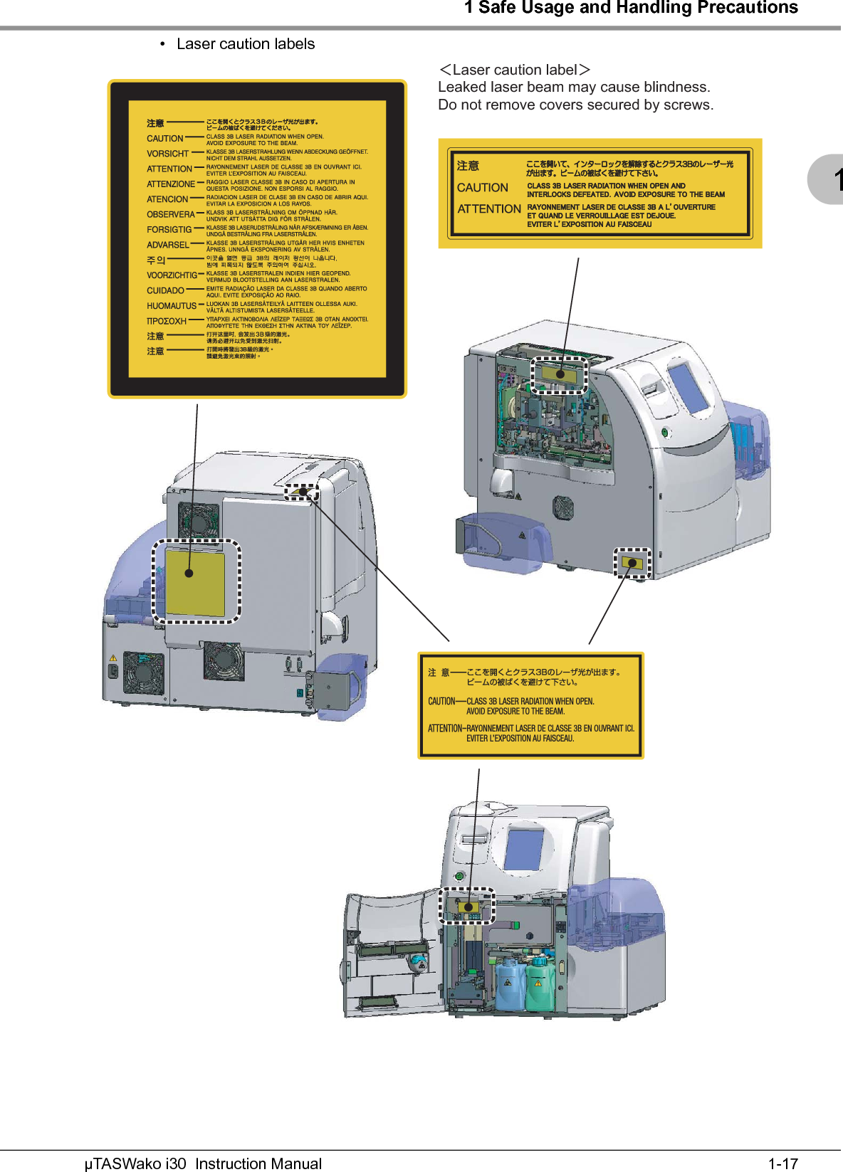 1 Safe Usage and Handling Precautions1-17µTASWako i30  Instruction Manual1• Laser caution labels㧨Laser caution label㧪 Leaked laser beam may cause blindness. Do not remove covers secured by screws. 㩷