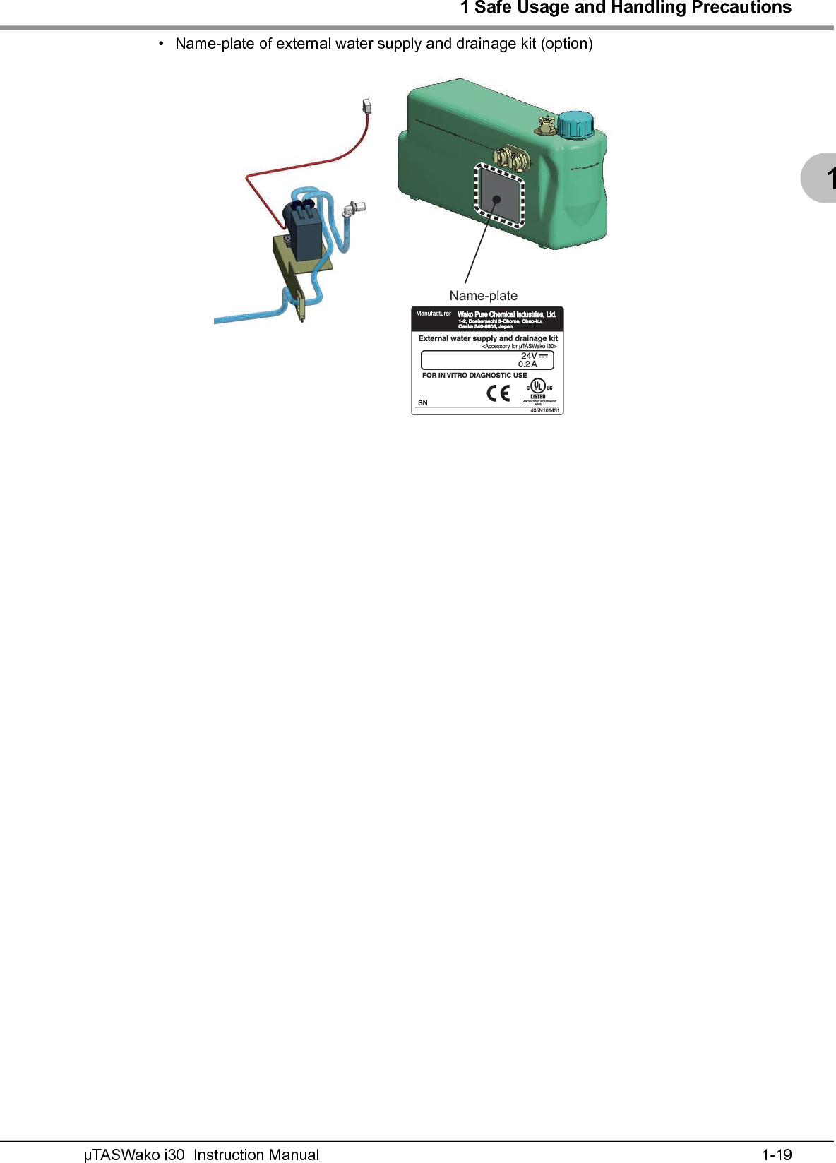 1 Safe Usage and Handling PrecautionsµTASWako i30  Instruction Manual1-2011.22 Periodic MaintenanceIn order to maintain the safety and the performance of the equipment, the periodic maintenance and inspection are necessary.The maintenance and inspection by the customer are described in the body of this manual in detail.We recommend our maintenance support contract for the maintenance by the technicians trained for the equipment.1.23 Product WarrantyWako Pure Chemical Industries, Ltd. warrants this equipment for one year from the date of the initial installation.If this equipment does not function during the warranty period only in the case of manufacturer’s defect, your customer support will repair or replace the parts without charge.However, we shall not liable for malfunction and damage of the following cases:(1) The equipment has been operated incorrectly.(2) The equipment has been repaired or remodeled by dealers other than specified by Wako PureChemical Industries, Ltd.(3) The parts or reagents not specified by Wako Pure Chemical Industries, Ltd. have been used forthe equipment.(4) The malfunction or damage has been caused by reasons other than this equipment.(5) The equipment has been used in the severe condition, such as high temperature, high humidity,corrosive gas, or vibration.(6) The malfunction or damage is caused by fires, earthquakes, and other natural disasters.(7) After the first installation on the site, the customers have moved or transported the equipment onlyby themselves.(8) The malfunction or damage of the consumables or the equivalent parts.