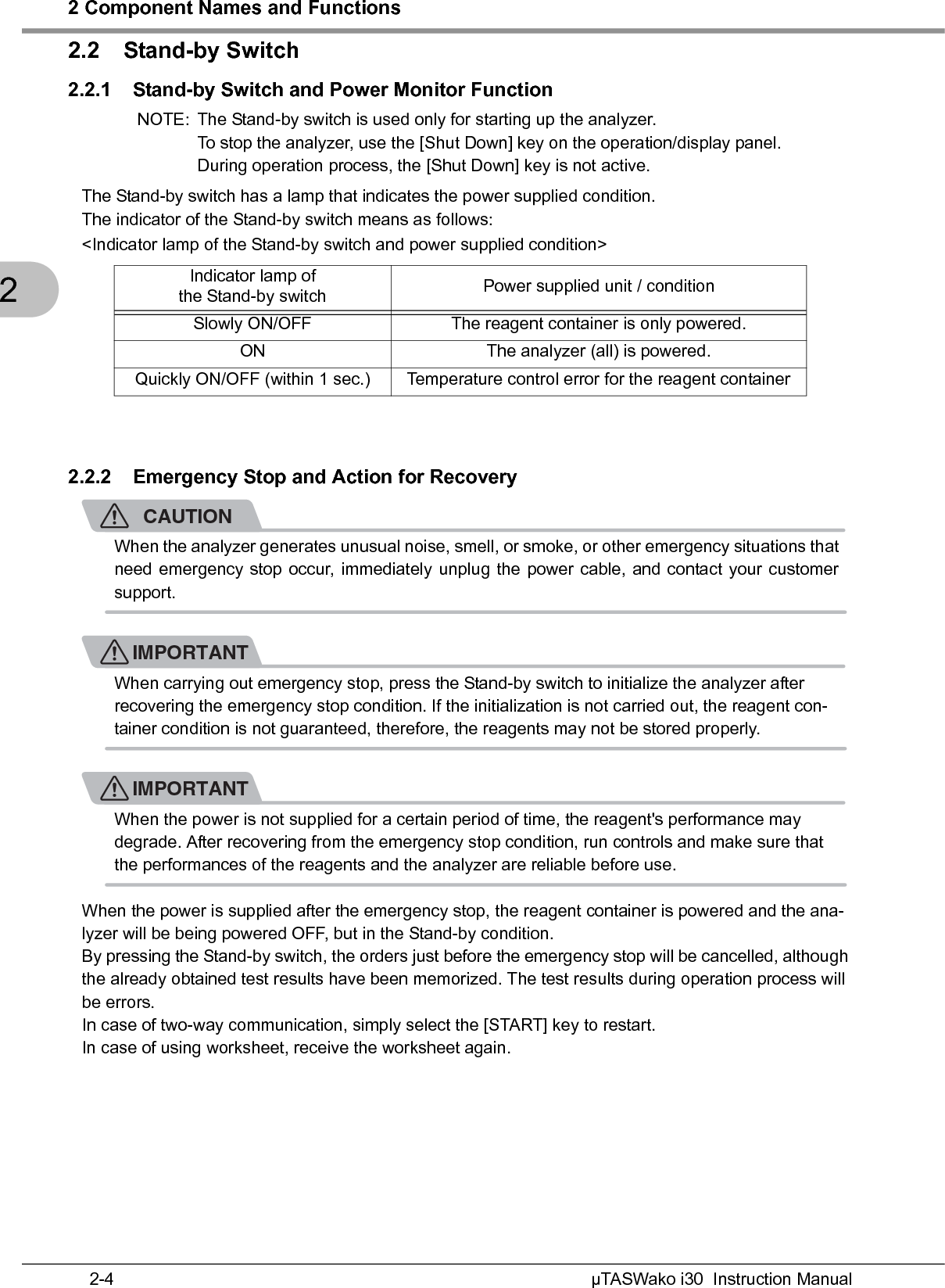 2 Component Names and FunctionsµTASWako i30  Instruction Manual2-422.2 Stand-by Switch2.2.1 Stand-by Switch and Power Monitor FunctionNOTE: The Stand-by switch is used only for starting up the analyzer.To stop the analyzer, use the [Shut Down] key on the operation/display panel.During operation process, the [Shut Down] key is not active.The Stand-by switch has a lamp that indicates the power supplied condition.The indicator of the Stand-by switch means as follows:&lt;Indicator lamp of the Stand-by switch and power supplied condition&gt;2.2.2 Emergency Stop and Action for RecoveryCAUTIONWhen the analyzer generates unusual noise, smell, or smoke, or other emergency situations thatneed emergency stop occur, immediately unplug the power cable, and contact your customersupport.IMPORTANTWhen carrying out emergency stop, press the Stand-by switch to initialize the analyzer after recovering the emergency stop condition. If the initialization is not carried out, the reagent con-tainer condition is not guaranteed, therefore, the reagents may not be stored properly.IMPORTANTWhen the power is not supplied for a certain period of time, the reagent&apos;s performance may degrade. After recovering from the emergency stop condition, run controls and make sure that the performances of the reagents and the analyzer are reliable before use.When the power is supplied after the emergency stop, the reagent container is powered and the ana-lyzer will be being powered OFF, but in the Stand-by condition.By pressing the Stand-by switch, the orders just before the emergency stop will be cancelled, although the already obtained test results have been memorized. The test results during operation process will be errors.In case of two-way communication, simply select the [START] key to restart.In case of using worksheet, receive the worksheet again.Indicator lamp of the Stand-by switch Power supplied unit / conditionSlowly ON/OFF The reagent container is only powered.ON The analyzer (all) is powered.Quickly ON/OFF (within 1 sec.) Temperature control error for the reagent container