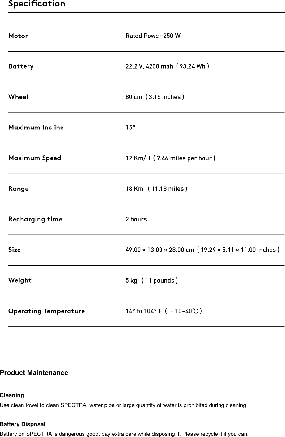    Product Maintenance  Cleaning Use clean towel to clean SPECTRA, water pipe or large quantity of water is prohibited during cleaning;  Battery Disposal Battery on SPECTRA is dangerous good, pay extra care while disposing it. Please recycle it if you can.  