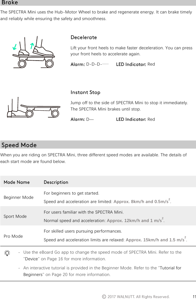   &copy;   The SPECTRA Mini uses the Hub-Motor Wheel to brake and regenerate energy. It can brake timely and reliably while ensuring the safety and smoothness.   Lift your front heels to make faster deceleration. You can press your front heels to accelerate again.  D-D-D-&hellip;&hellip;   Red    Jump off to the side of SPECTRA Mini to stop it immediately. The SPECTRA Mini brakes until stop.  D&mdash;  Red   When you are riding on SPECTRA Mini, three different speed modes are available. The details of each start mode are found below.   Beginner Mode For beginners to get started. Speed and acceleration are limited: Approx. 8km/h and 0.5m/s2. Sport Mode For users familiar with the SPECTRA Mini. Normal speed and acceleration: Approx. 12km/h and 1 m/s2. Pro Mode For skilled users pursuing performances. Speed and acceleration limits are relaxed: Approx. 15km/h and 1.5 m/s2.  - Use the eBoard Go app to change the speed mode of SPECTRA Mini. Refer to the "Device" on Page 16 for more information. - An interactive tutorial is provided in the Beginner Mode. Refer to the "Tutorial for Beginners" on Page 20 for more information. 