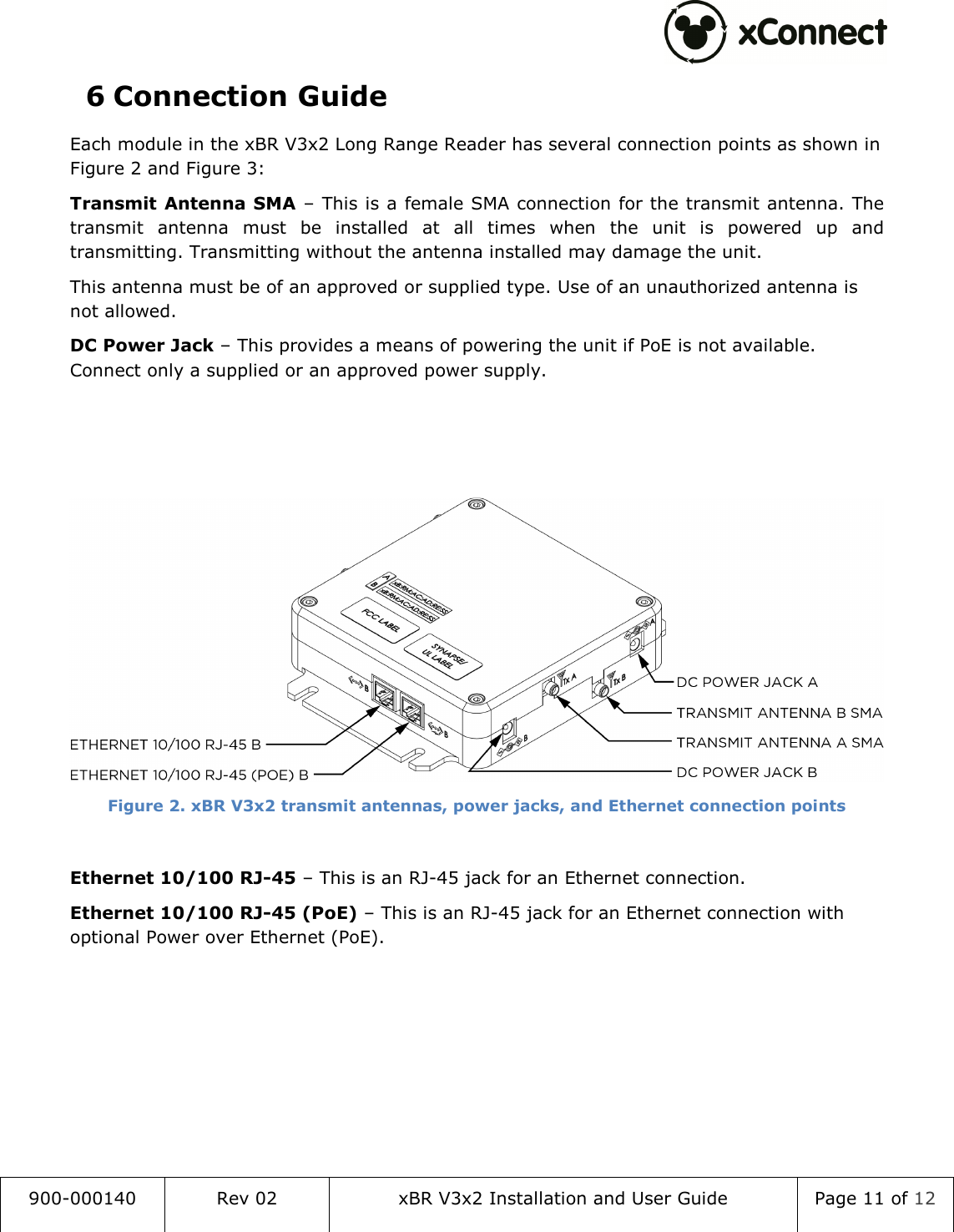  900-000140  Rev 02  xBR V3x2 Installation and User Guide  Page 11 of 12  6 Connection Guide Each module in the xBR V3x2 Long Range Reader has several connection points as shown in Figure 2 and Figure 3:  Transmit Antenna SMA &ndash; This is a female SMA connection for the transmit antenna. The transmit  antenna  must  be  installed  at  all  times  when  the  unit  is  powered  up  and transmitting. Transmitting without the antenna installed may damage the unit. This antenna must be of an approved or supplied type. Use of an unauthorized antenna is not allowed.  DC Power Jack &ndash; This provides a means of powering the unit if PoE is not available. Connect only a supplied or an approved power supply.     Figure 2. xBR V3x2 transmit antennas, power jacks, and Ethernet connection points  Ethernet 10/100 RJ-45 &ndash; This is an RJ-45 jack for an Ethernet connection. Ethernet 10/100 RJ-45 (PoE) &ndash; This is an RJ-45 jack for an Ethernet connection with optional Power over Ethernet (PoE). 