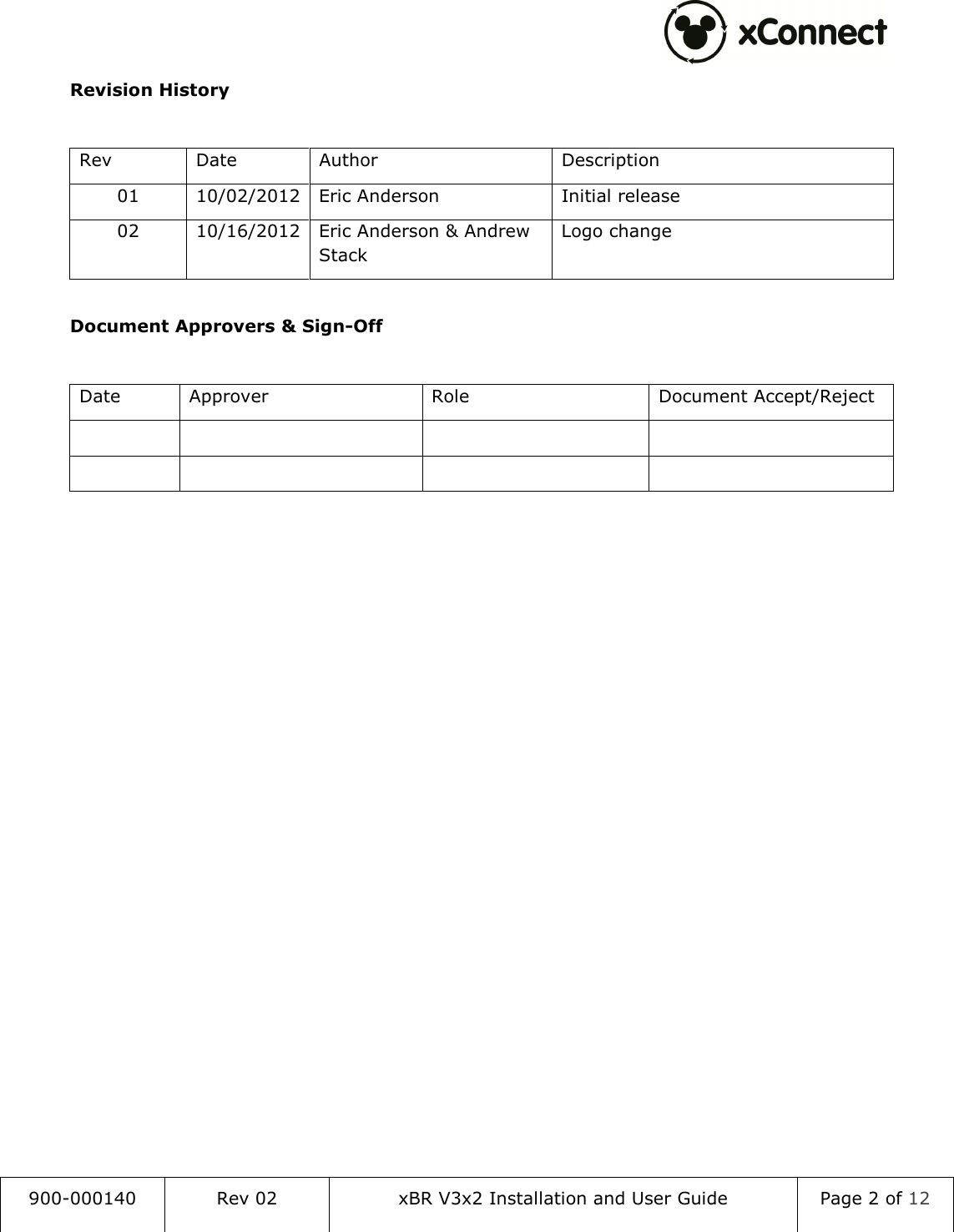  900-000140  Rev 02  xBR V3x2 Installation and User Guide  Page 2 of 12  Revision History  Rev  Date  Author  Description 01  10/02/2012 Eric Anderson  Initial release 02  10/16/2012 Eric Anderson &amp; Andrew Stack Logo change  Document Approvers &amp; Sign-Off  Date  Approver  Role  Document Accept/Reject                   