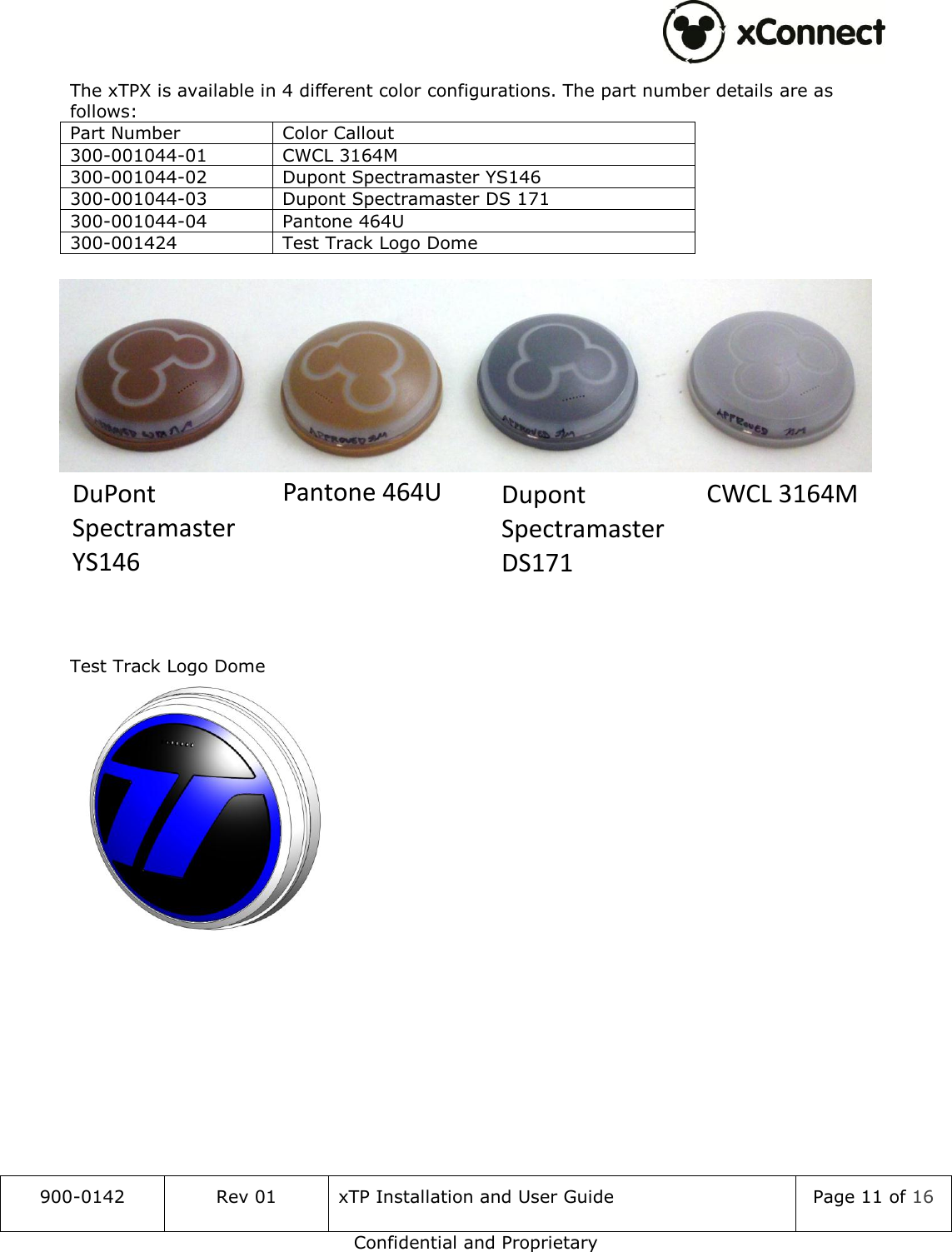  900-0142 Rev 01 xTP Installation and User Guide Page 11 of 16 Confidential and Proprietary The xTPX is available in 4 different color configurations. The part number details are as follows: Part Number Color Callout 300-001044-01 CWCL 3164M 300-001044-02 Dupont Spectramaster YS146 300-001044-03 Dupont Spectramaster DS 171 300-001044-04 Pantone 464U 300-001424 Test Track Logo Dome                     Test Track Logo Dome    DuPont Spectramaster YS146 Pantone 464U Dupont Spectramaster DS171 CWCL 3164M 