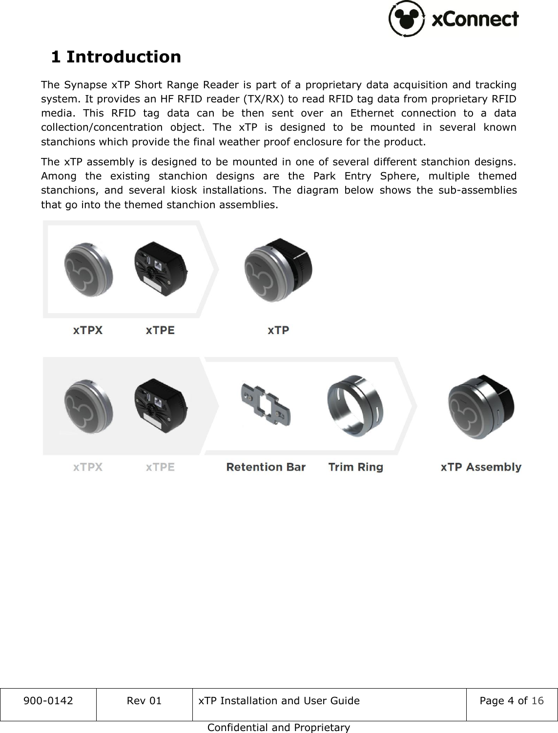  900-0142 Rev 01 xTP Installation and User Guide Page 4 of 16 Confidential and Proprietary 1 Introduction The Synapse xTP Short Range Reader is part of a proprietary data acquisition and tracking system. It provides an HF RFID reader (TX/RX) to read RFID tag data from proprietary RFID media.  This  RFID  tag  data  can  be  then  sent  over  an  Ethernet  connection  to  a  data collection/concentration  object.  The  xTP  is  designed  to  be  mounted  in  several  known stanchions which provide the final weather proof enclosure for the product.  The xTP assembly is designed to be mounted in one of several different stanchion designs. Among  the  existing  stanchion  designs  are  the  Park  Entry  Sphere,  multiple  themed stanchions,  and  several  kiosk  installations.  The  diagram  below  shows  the  sub-assemblies that go into the themed stanchion assemblies.     