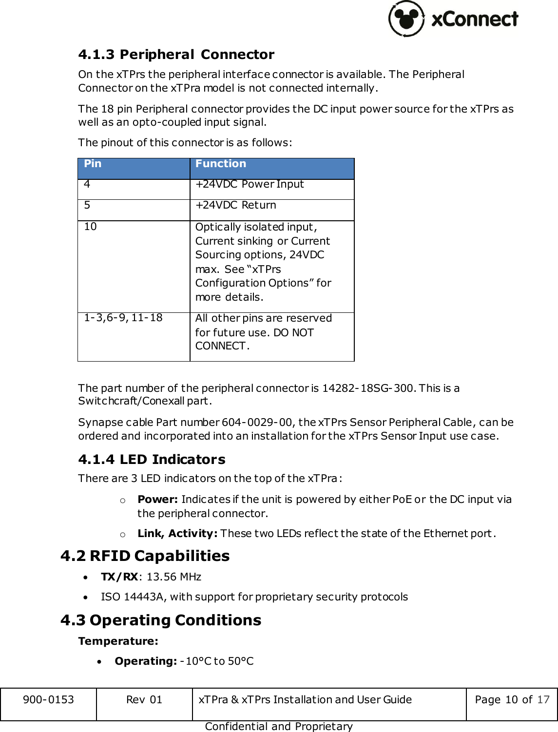  900-0153 Rev 01 xTPra &amp; xTPrs Installation and User Guide Page 10 of 17 Confidential and Proprietary 4.1.3 Peripheral  Connector On the xTPrs the peripheral interface connector is available. The Peripheral Connector on the xTPra model is not connected internally. The 18 pin Peripheral connector provides the DC input power source for the xTPrs as well as an opto-coupled input signal. The pinout of this connector is as follows: Pin Function 4 +24VDC Power Input 5 +24VDC Return 10 Optically isolated input, Current sinking or Current Sourcing options, 24VDC max. See &ldquo;xTPrs Configuration Options&rdquo; for more details. 1-3,6-9, 11-18 All other pins are reserved for future use. DO NOT CONNECT.  The part number of the peripheral connector is 14282-18SG-300. This is a Switchcraft/Conexall part.  Synapse cable Part number 604-0029-00, the xTPrs Sensor Peripheral Cable, can be ordered and incorporated into an installation for the xTPrs Sensor Input use case. 4.1.4 LED Indicators   There are 3 LED indicators on the top of the xTPra: o Power: Indicates if the unit is powered by either PoE or the DC input via the peripheral connector. o Link, Activity: These two LEDs reflect the state of the Ethernet port. 4.2 RFID Capabilities  TX/RX : 13.56 MHz  ISO 14443A, with support for proprietary security protocols 4.3 Operating Conditions  Temperature:  Operating: -10&deg;C to 50&deg;C 