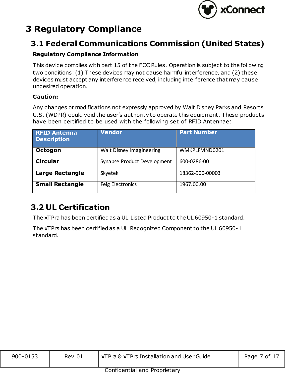  900-0153 Rev 01 xTPra &amp; xTPrs Installation and User Guide Page 7 of 17 Confidential and Proprietary 3 Regulatory Compliance 3.1 Federal Communications Commission (United States) Regulatory Compliance Information This device complies with part 15 of the FCC Rules. Operation is subject to the following two conditions: (1) These devices may not cause harmful interference, and (2) these devices must accept any interference received, including interference that may cause undesired operation. Caution: Any changes or modifications not expressly approved by Walt Disney Parks and Resorts U.S. (WDPR) could void the user&rsquo;s authority to operate this equipment. These products have been certified to be used with the following set of RFID Antennae: RFID Antenna Description Vendor Part Number Octogon Walt Disney Imagineering WMKPLFMND0201 Circular Synapse Product Development 600-0286-00 Large Rectangle Skyetek 18362-900-00003 Small Rectangle Feig Electronics 1967.00.00  3.2 UL Certification The xTPra has been certified as a UL Listed Product to the UL 60950-1 standard. The xTPrs has been certified as a UL Recognized Component to the UL 60950-1 standard.   