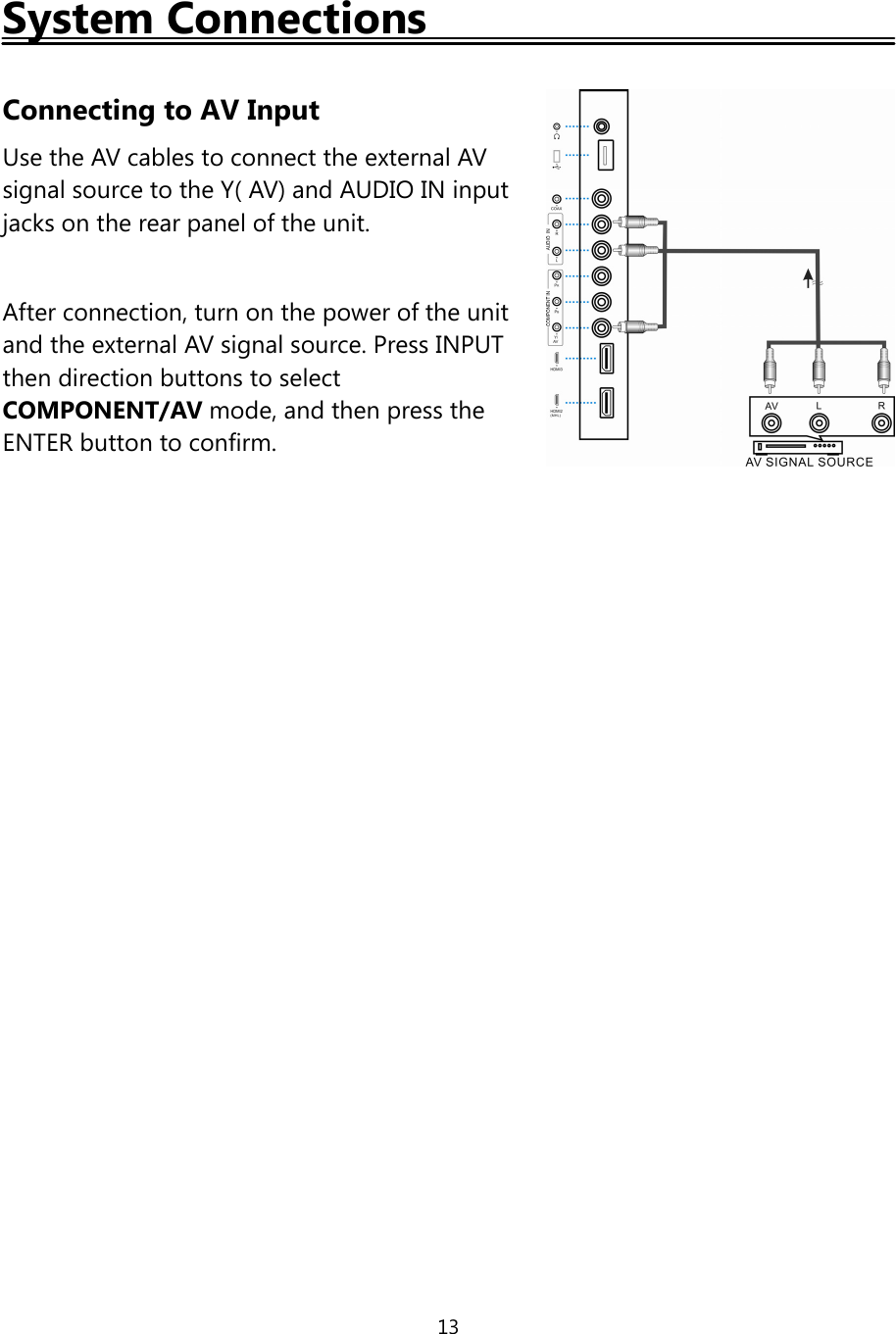 13System ConnectionsConnecting to AV InputUse the AV cables to connect the external AVsignal source to the Y( AV) and AUDIO IN inputjacks on the rear panel ofthe unit.After connection, turn on the power ofthe unitand the external AV signal source. Press INPUTthen direction buttons to selectCOMPONENT/AVmode, and then press theENTER button to confirm.