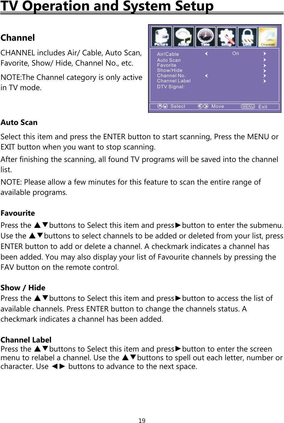 19TV Operation and System SetupChannelCHANNEL includes Air/Cable, Auto Scan,Favorite, Show/ Hide, Channel No., etc.NOTE:The Channel category is only activein TV mode.Auto ScanSelect this item and press the ENTER button to start scanning, Press the MENU orEXIT button when you want to stop scanning.After finishing the scanning, all found TV programs will be saved into the channellist.NOTE: Please allow a few minutes for this feature to scan the entire range ofavailable programs.FavouritePress the ▲▼buttons to Select this item and press►button to enter the submenu.Use the ▲▼buttons to select channels to be added or deleted from your list, pressENTER button to add or delete a channel. A checkmark indicates a channel hasbeen added. You may also display your list of Favourite channels by pressing theFAV button on the remote control.Show / HidePress the ▲▼buttons to Select this item and press►button to access the list ofavailable channels. Press ENTER button to change the channels status. Acheckmark indicates a channel has been added.Channel LabelPress the ▲▼buttons to Select this item andpress►button to enter the screenmenu to relabel a channel. Use the ▲▼buttons to spell out each letter, number orcharacter. Use ◄► buttons to advance to the next space.