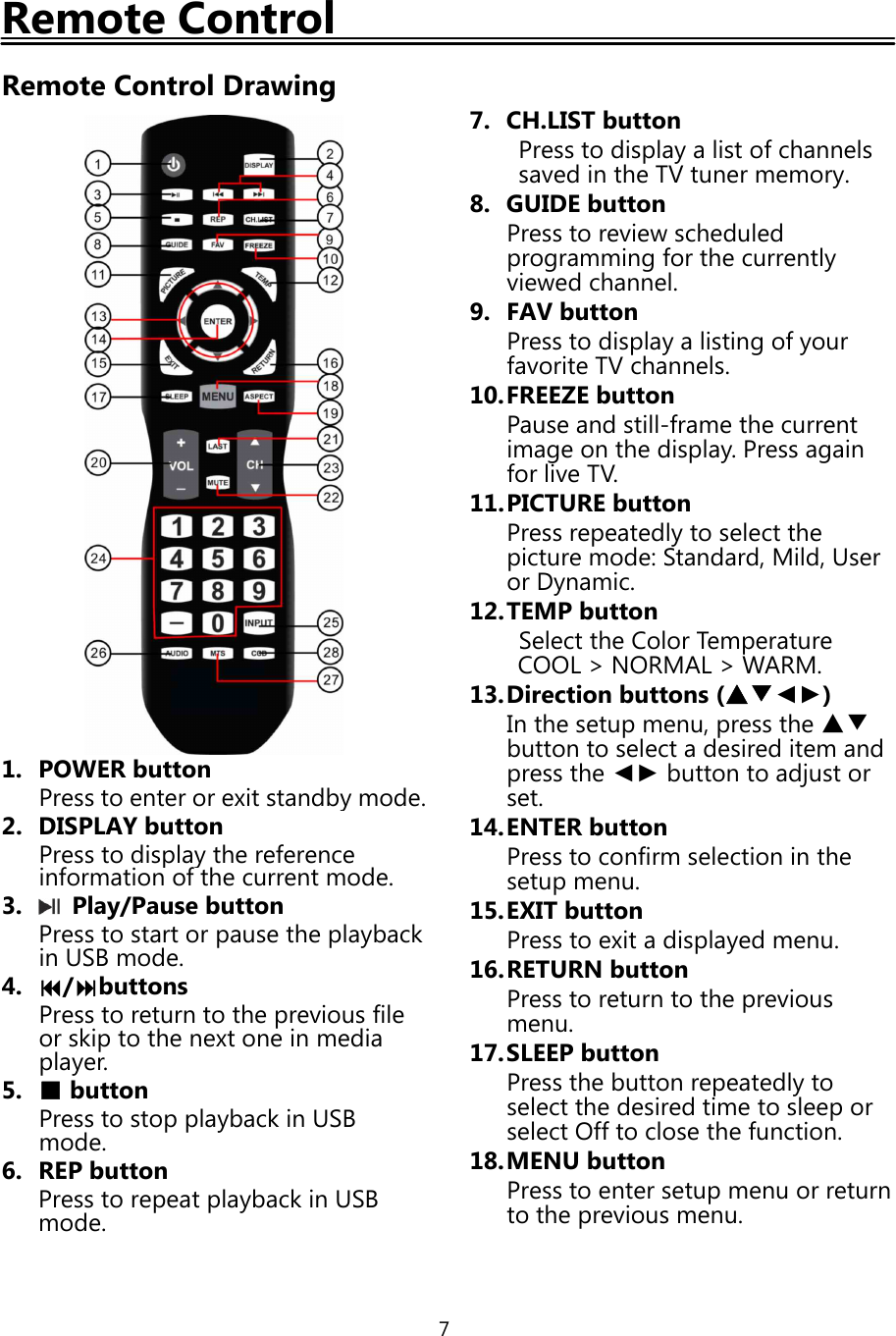 7Remote ControlRemote Control Drawing1. POWER buttonPress to enter or exit standbymode.2. DISPLAY buttonPress to displaythe referenceinformation ofthe current mode.3. Play/Pause buttonPress to start orpause theplaybackin USB mode.4. /buttonsPresstoreturntotheprevious fileor skipto the next one in mediaplayer.5. ■buttonPress to stopplaybackin USBmode.6. REP buttonPress to repeatplaybackin USBmode.7. CH.LIST buttonPress to displaya list ofchannelssaved in the TV tuner memory.8. GUIDE buttonPress to review scheduledprogrammingfor the currentlyviewed channel.9. FAV buttonPress to displaya listingofyourfavorite TV channels.10.FREEZE buttonPause and still-frame the currentimageonthedisplay.Pressagainfor live TV.11.PICTURE buttonPress repeatedlyto select thepicture mode: Standard, Mild, Useror Dynamic.12.TEMP buttonSelect the Color TemperatureCOOL &gt; NORMAL &gt; WARM.13.Direction buttons (▲▼◄►)In the setupmenu,press the ▲▼button to select a desired item andpress the ◄► button to adjust orset.14.ENTER buttonPress to confirm selection in thesetupmenu.15.EXIT buttonPress to exit a displayed menu.16.RETURN buttonPresstoreturntothepreviousmenu.17.SLEEP buttonPress the button repeatedlytoselect the desired time to sleeporselect Offto close the function.18.MENU buttonPress to enter setupmenu or returnto theprevious menu.