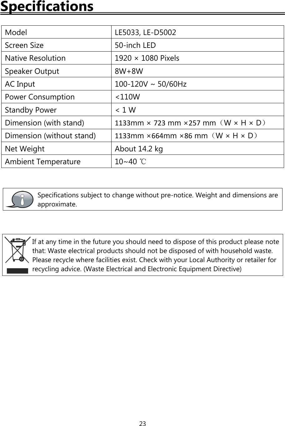 23SpecificationsModel LE5033, LE-D5002Screen Size 50-inch LEDNative Resolution 1920 × 1080 PixelsSpeaker Output 8W+8WAC Input 100-120V ~ 50/60HzPower Consumption &lt;110WStandby Power &lt; 1 WDimension (with stand) 1133mm × 723 mm ×257 mm（W×H×D）Dimension (without stand) 1133mm ×664mm ×86 mm（W×H×D）Net Weight About 14.2 kgAmbient Temperature 10~40 ℃Specifications subject to change without pre-notice. Weight and dimensions areapproximate.If at any time in the future you should need to dispose of this product please notethat: Waste electrical products should not be disposed of with household waste.Please recycle where facilities exist. Check with your Local Authority or retailer forrecycling advice. (Waste Electrical and Electronic Equipment Directive)