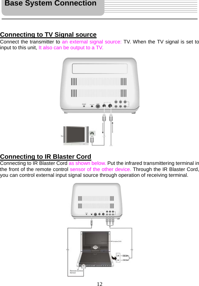  12    Connecting to TV Signal source Connect the transmitter to an external signal source: TV. When the TV signal is set to input to this unit, It also can be output to a TV.              Connecting to IR Blaster Cord Connecting to IR Blaster Cord as shown below. Put the infrared transmittering terminal in the front of the remote control sensor of the other device. Through the IR Blaster Cord, you can control external input signal source through operation of receiving terminal.            Base System Connection 