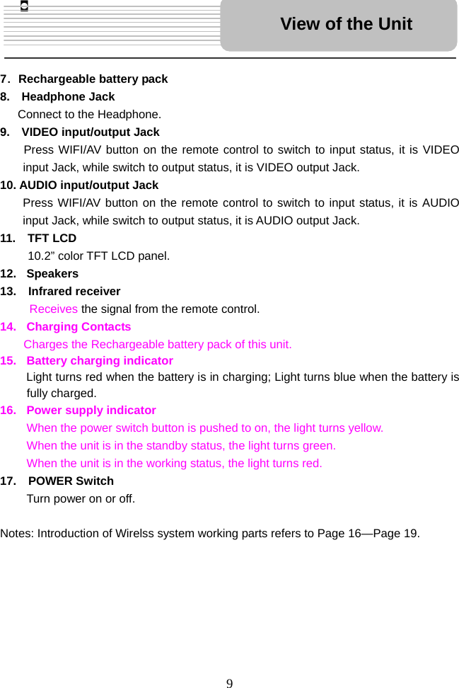  9    7．Rechargeable battery pack 8.  Headphone Jack Connect to the Headphone. 9.  VIDEO input/output Jack     Press WIFI/AV button on the remote control to switch to input status, it is VIDEO input Jack, while switch to output status, it is VIDEO output Jack.   10. AUDIO input/output Jack Press WIFI/AV button on the remote control to switch to input status, it is AUDIO input Jack, while switch to output status, it is AUDIO output Jack.   11.  TFT LCD 10.2” color TFT LCD panel. 12. Speakers 13.  Infrared receiver Receives the signal from the remote control. 14.  Charging Contacts    Charges the Rechargeable battery pack of this unit.   15. Battery charging indicator Light turns red when the battery is in charging; Light turns blue when the battery is fully charged.   16.  Power supply indicator When the power switch button is pushed to on, the light turns yellow.   When the unit is in the standby status, the light turns green.   When the unit is in the working status, the light turns red. 17.  POWER Switch Turn power on or off.    Notes: Introduction of Wirelss system working parts refers to Page 16—Page 19.          View of the Unit 