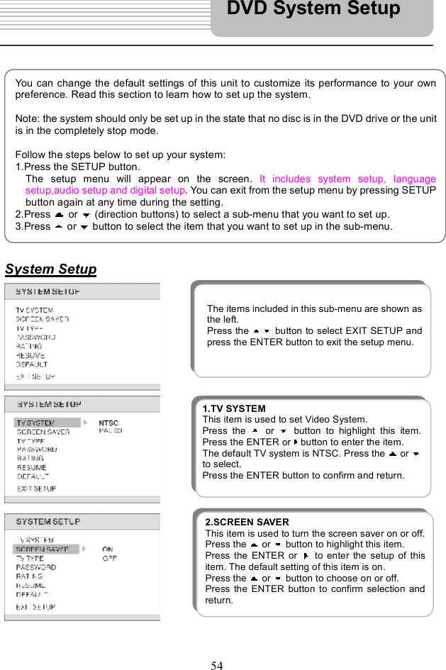 54System SetupYou can change the default settings of this unit to customize its performance to your ownpreference. Read this section to learn how to set up the system. Note: the system should only beset up in the state that no disc is in the DVD drive or the unitis in the completely stop mode. Follow the steps below to set up your system: 1.Press the SETUP button. The setup menu will appear on the screen.  It includes system setup, languagesetup,audio setup and digital setup. You can exit from the setup menu by pressing SETUPbutton again at any time during the setting. 2.Press  or  (direction buttons) to select a sub-menu that you want to set up. 3.Press   or   button to select the item that you want to set up in the sub-menu. 1.TV SYSTEM  This item is used to set Video System. Press the   or  button to highlight this item.Press the ENTER or button to enter the item.  The default TV system is NTSC. Press the   or to select. Press the ENTER button to confirm and return.2.SCREEN SAVER This item is used to turn the screen saver on or off. Press the   or   button to highlight this item. Press the ENTER or  to enter the setup of thisitem. The default setting of this item is on. Press the   or   button to choose on or off. Press the ENTER button to confirm selection andreturn.The items included in this sub-menu areshown as the left. Press the  button to select EXIT SETUP and press the ENTER button to exit the setup menu. DVD System Setup 