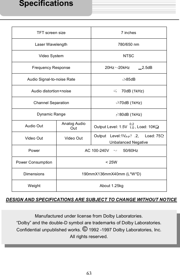 63DESIGN AND SPECIFICATIONS ARE SUBJECT TO CHANGE WITHOUT NOTICETFT screen size 7 inches Laser Wavelength 780/650 nm Video System NTSC Frequency Response  20Hz 20kHz     2.5dBAudio Signal-to-noise Rate  85dBAudio distortion+noise  70dB (1kHz) Channel Separation  70dB (1kHz) Dynamic Range  80dB (1kHz) Audio Out  Analog Audio Out Output Level: 1.5V  0.2 1.0 , Load: 10KVideo Out Video Out  Output  Level:1VP-P .2,   Load: 75?Unbalanced NegativePower  AC 100-240V      50/60Hz Power Consumption &lt; 25W Dimensions 190mmX136mmX40mm (L*W*D) Weight About 1.25kg Manufactured under license from Dolby Laboratories. &quot;Dolby# and the double-D symbol are trademarks of Dolby Laboratories. Confidential unpublished works. © 1992 -1997 Dolby Laboratories, Inc. All rights reserved. Specifications 
