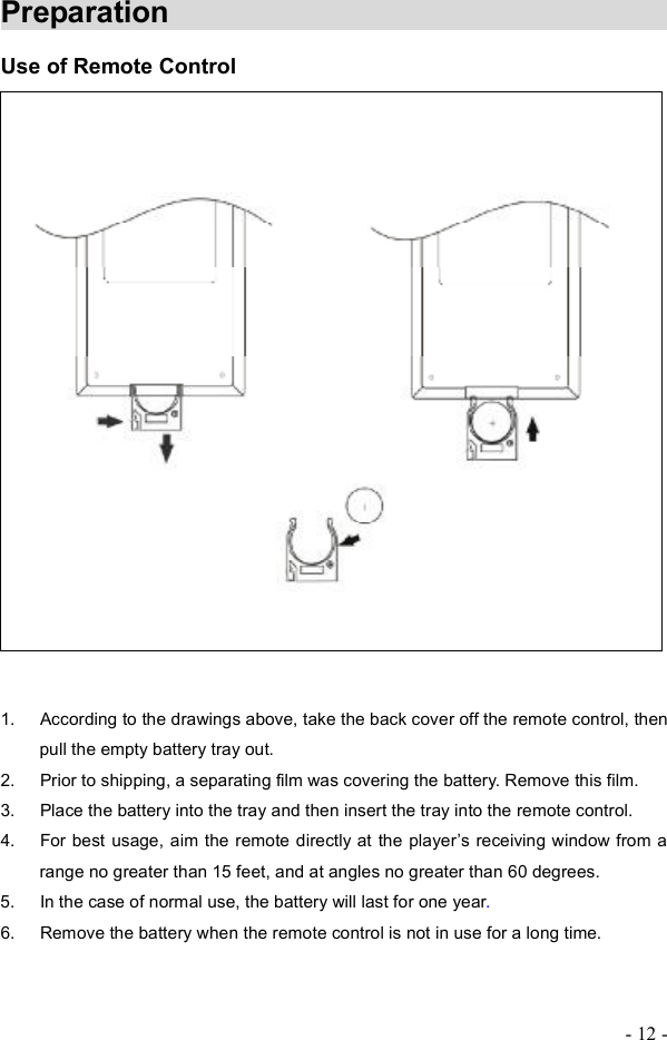 - 12 - Preparation               Use of Remote Control 1. According to the drawings above, take the back cover off the remote control, then pull the empty battery tray out.  2. Prior to shipping, a separating film was covering the battery.Remove this film.  3. Place the battery into the tray and then insert the tray into the remote control.  4. For best usage, aim the remote directly at the player&quot;s receiving window from a range no greater than 15 feet, and at angles no greater than 60 degrees.  5. In the case of normal use, the battery will last for one year.6. Remove the battery when the remote control is not in use for a long time. 