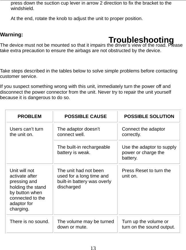   13  press down the suction cup lever in arrow 2 direction to fix the bracket to the windshield.  At the end, rotate the knob to adjust the unit to proper position.  Warning: The device must not be mounted so that it impairs the driver’s view of the road. Please take extra precaution to ensure the airbags are not obstructed by the device.  Take steps described in the tables below to solve simple problems before contacting customer service. If you suspect something wrong with this unit, immediately turn the power off and disconnect the power connector from the unit. Never try to repair the unit yourself because it is dangerous to do so. PROBLEM POSSIBLE CAUSE POSSIBLE SOLUTION The adaptor doesn’t connect well.  Connect the adaptor correctly. Users can’t turn the unit on. The built-in rechargeable battery is weak.  Use the adaptor to supply power or charge the battery. Unit will not activate after pressing and holding the stand by button when connected to the adaptor for charging.   The unit had not been used for a long time and built-in battery was overly discharged Press Reset to turn the unit on. There is no sound.  The volume may be turned down or mute.  Turn up the volume or turn on the sound output. Troubleshooting 